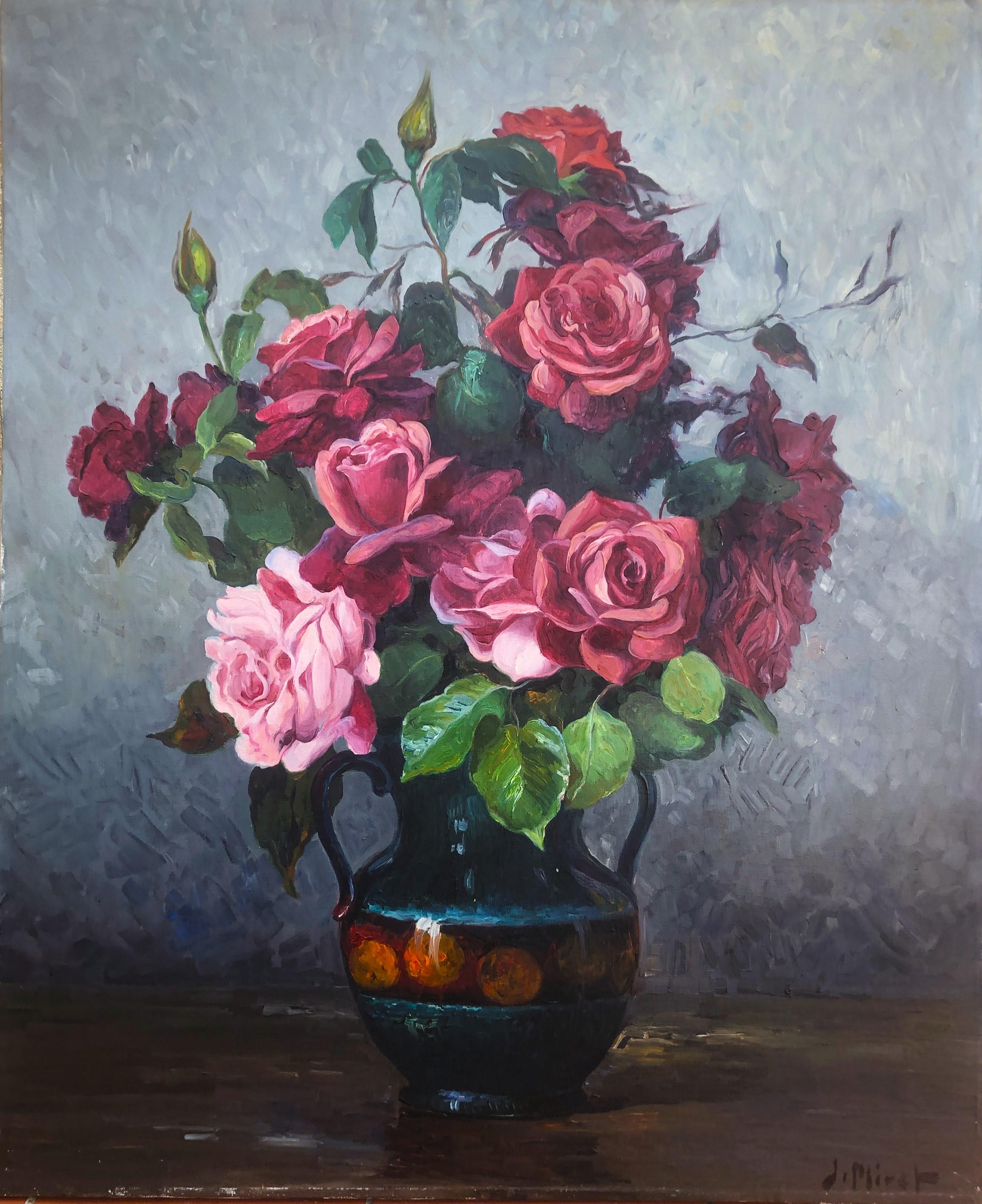 Jose Miret Aleu Still-Life Painting – Stillleben von Rosen Öl auf Leinwand Gemälde