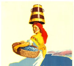 Original Spain vintage travel poster, Mediterrean Ocean view  linen-backed