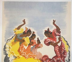 Original Spain Vintage Travel poster with Four Flamingo Dancers, Linen-backed