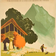 Original Vintage Travel Poster Asturias Spain Cantabrian Mountains Shepherd Art