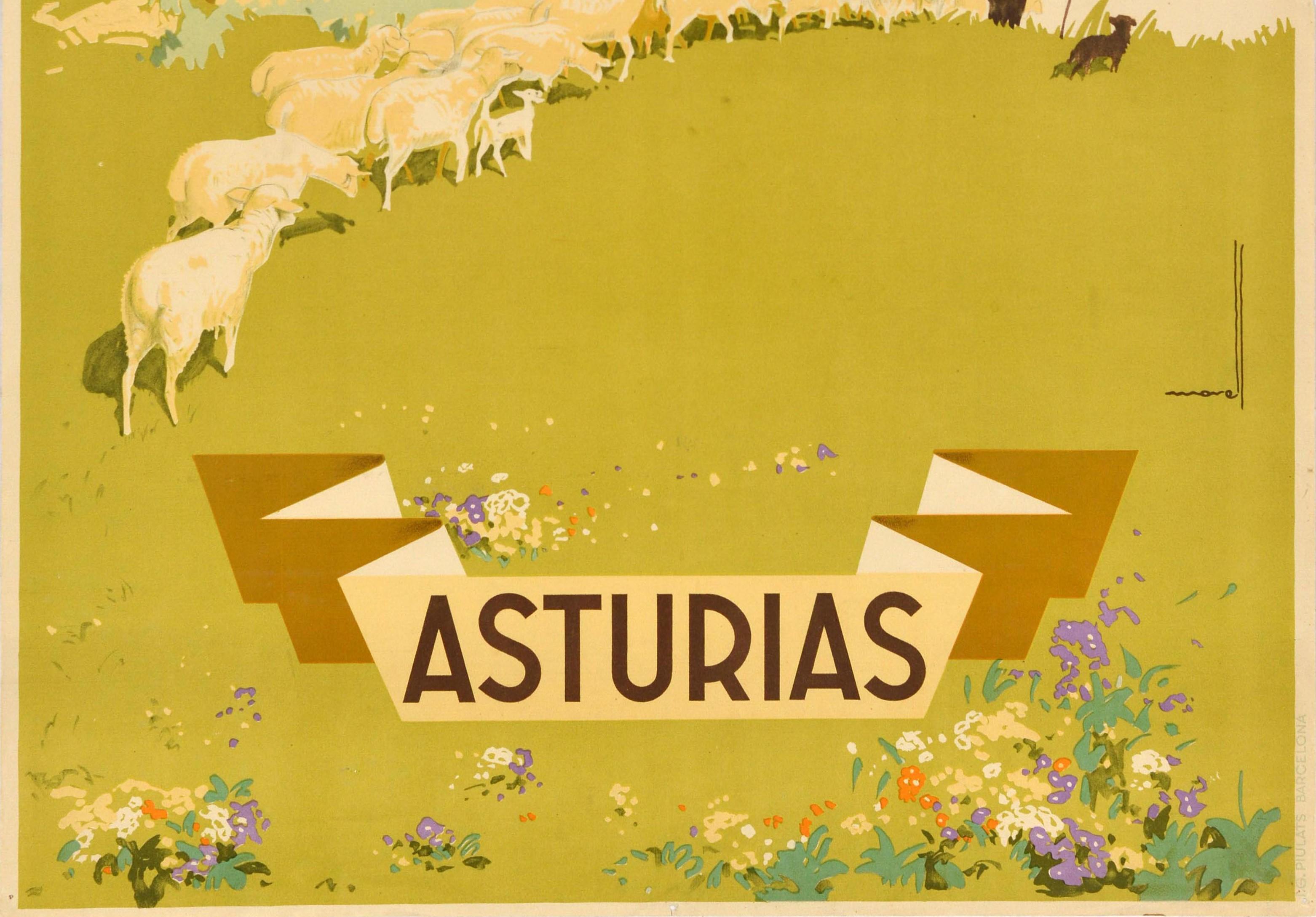 Original Vintage Travel Poster Asturias Spain Cantabrian Mountains Shepherd Art - Brown Print by Jose Morell
