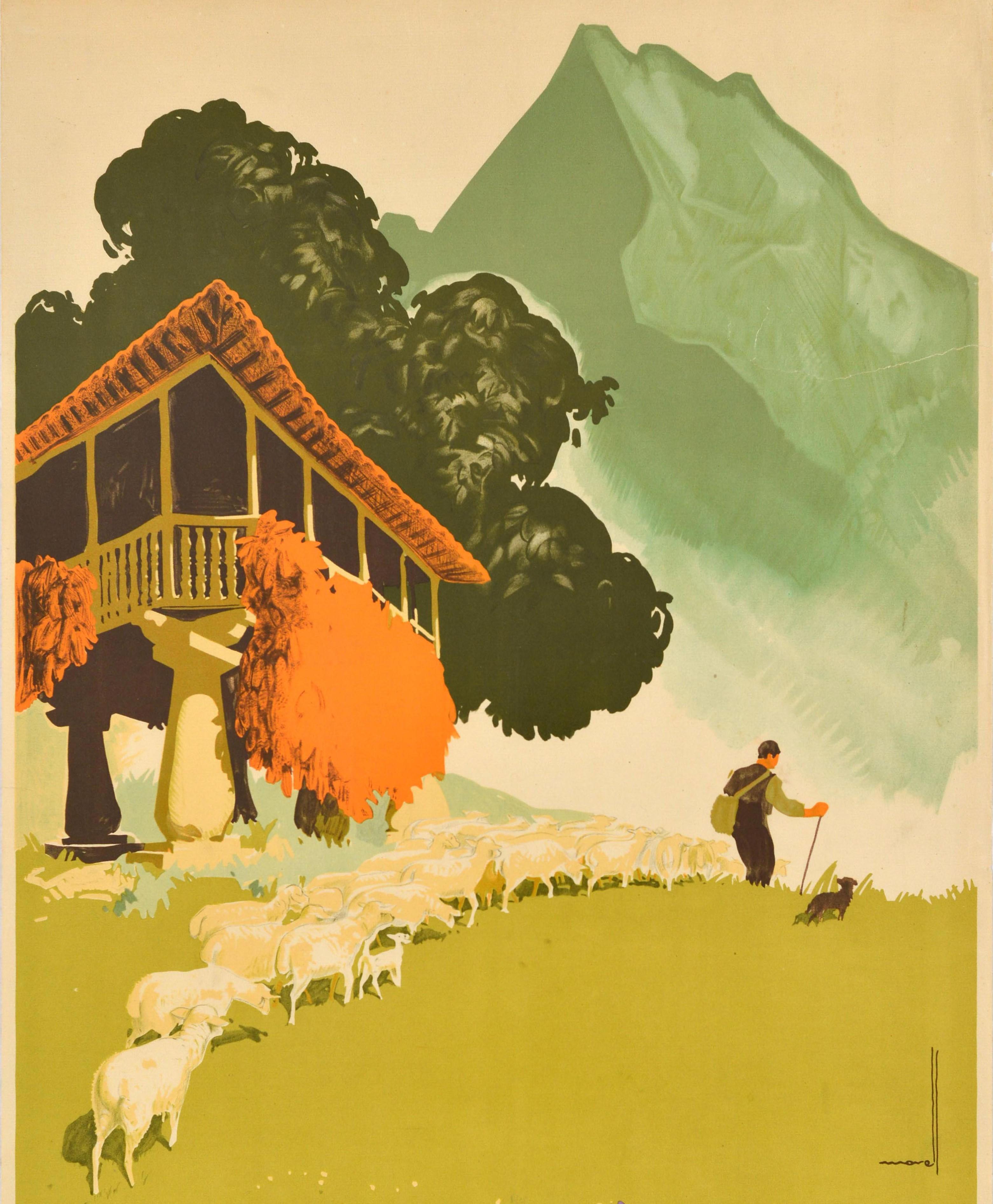 Original vintage travel advertising poster for Asturias in Spain featuring an illustration by the Spanish artist Jose Morell (1899-1949) depicting a farmer with his dog by his side herding a flock of sheep on a hill, flowers in the foreground around