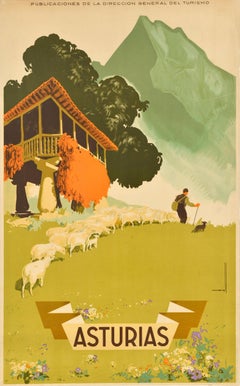 Original Vintage Travel Poster Asturias Spain Cantabrian Mountains Shepherd Art