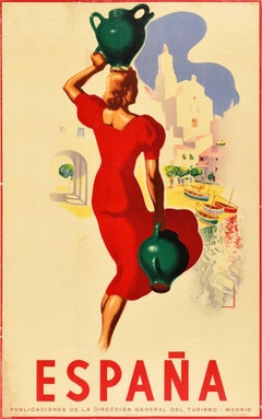 Original Vintage Travel Poster For Espana Spain Lady In Red Artwork Jose Morell