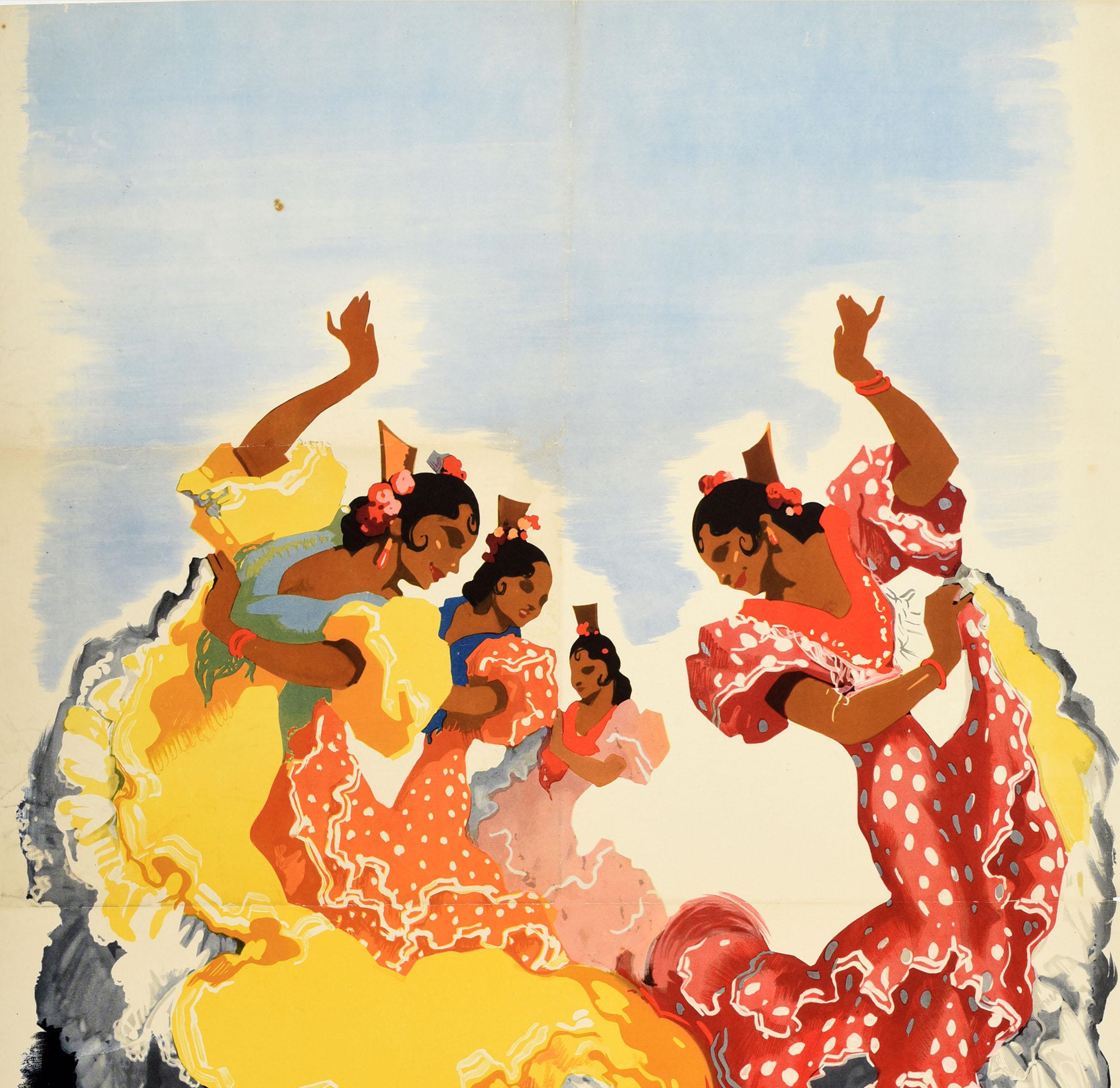 Original vintage travel poster for Spain featuring an illustration by the Spanish artist Jose Morell (1899-1949) of dancers in traditional flamenco dresses with flowers in their hair, dancing on a striped cloth with the bold text below. Published by