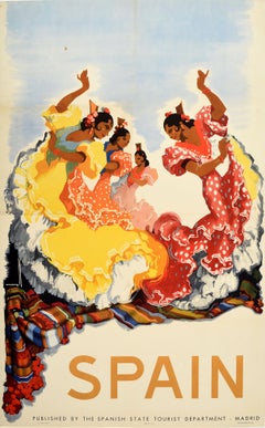 Affiche rétro originale de voyage, Espagne, Danseurs de flamenco, Jose Morell, Design d'art