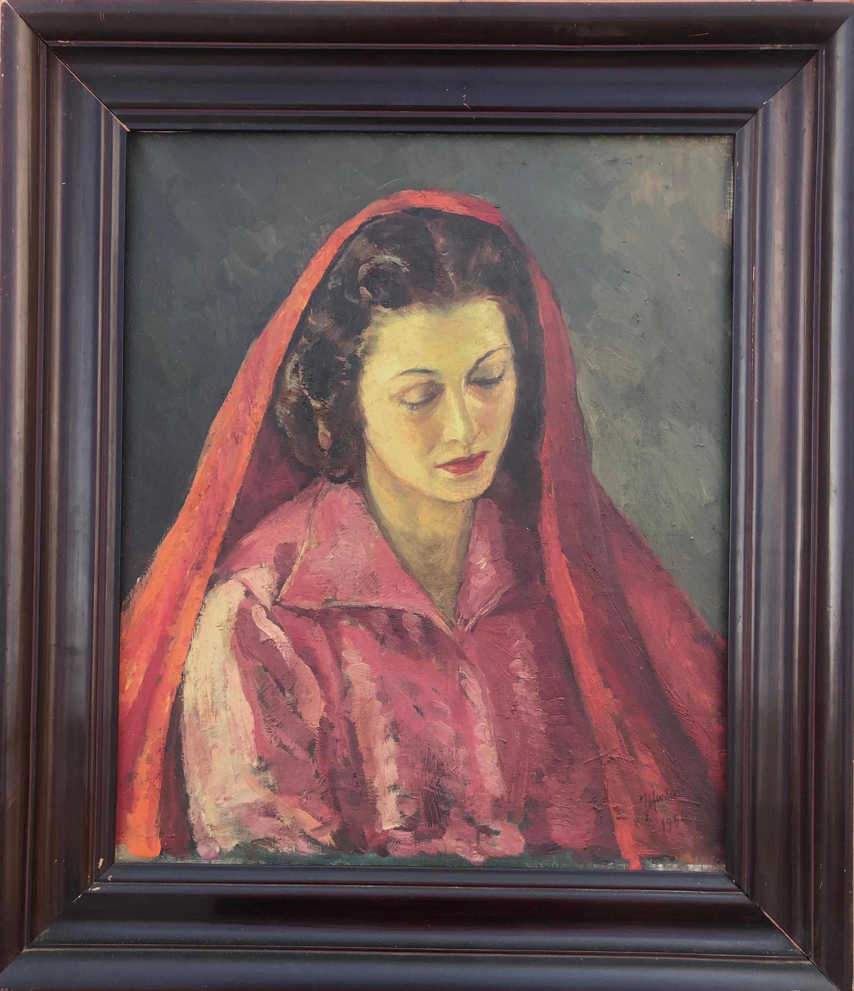 Donna che prega olio su tela - Painting di Jose Muntane Balaguer