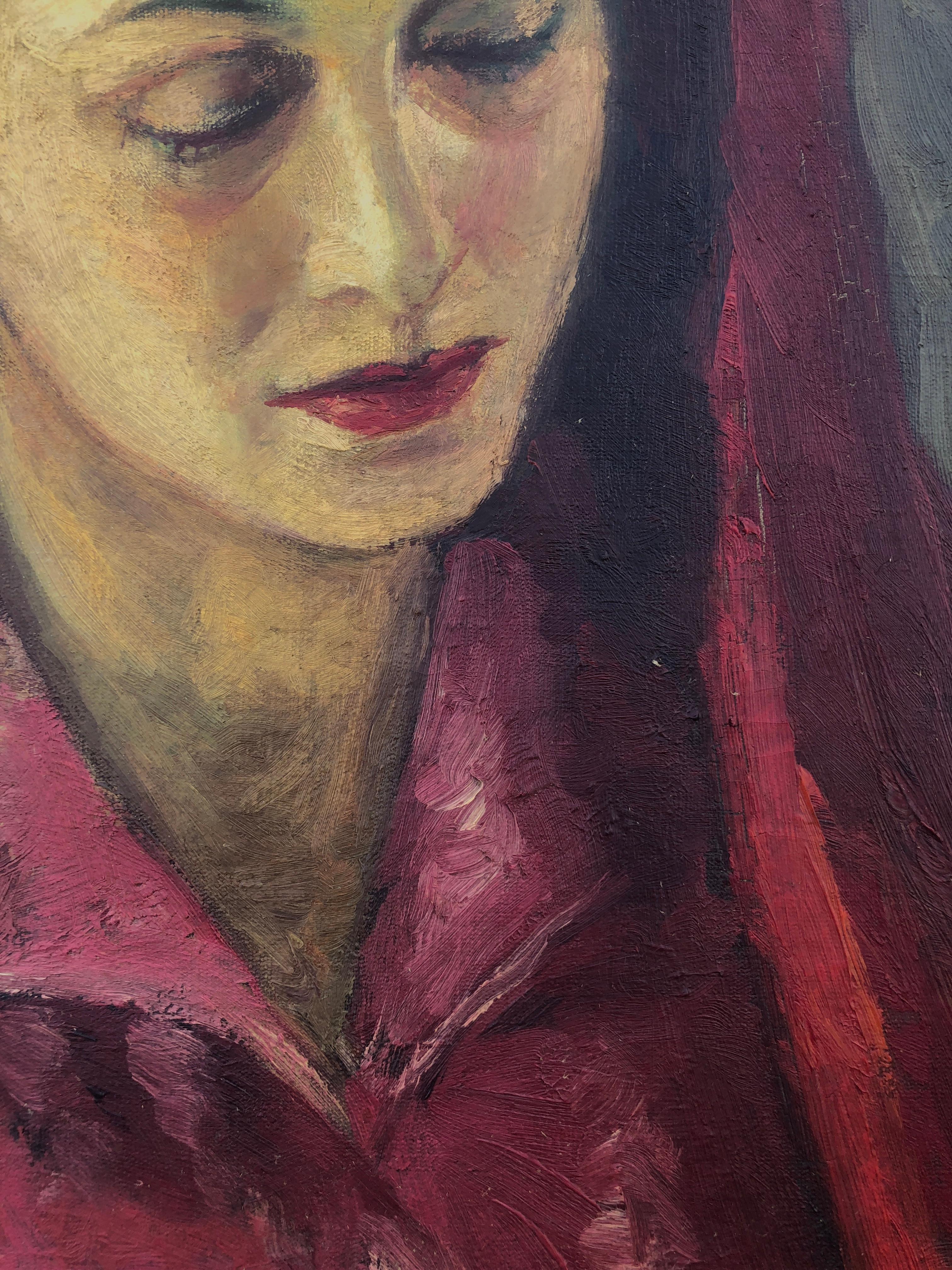 Donna che prega olio su tela - Figurative Painting Grigio di Jose Muntane Balaguer