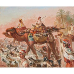 Antique Orientalist Oil on Board 'Desert Bedouin', by José Benito Ortega