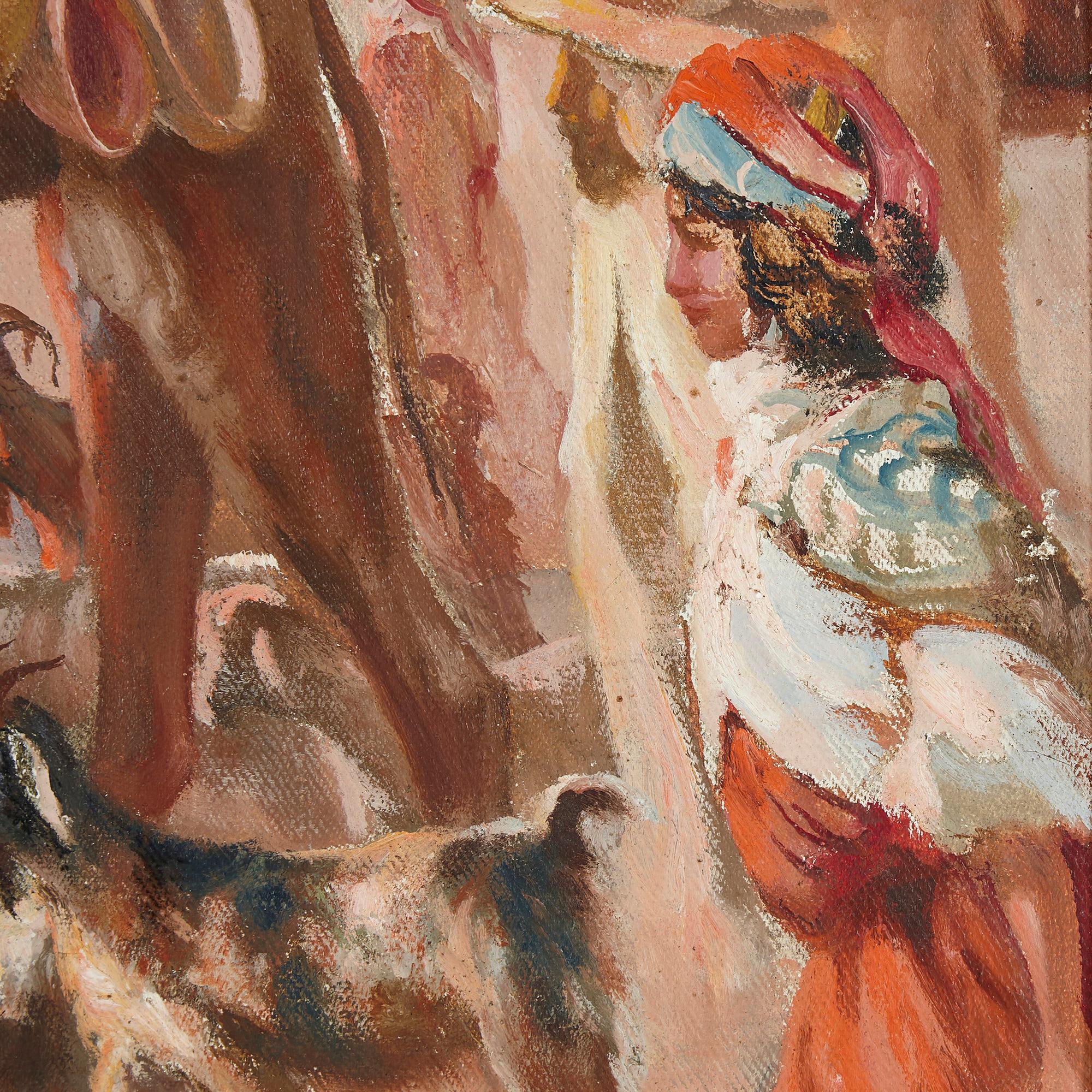 Antique Orientalist Oil on Board 'Desert Bedouin', by Spanish Artist Ortega
Spanish, early 20th Century
Frame: Height 51cm, width 59cm, depth 2cm
Board: Height 44cm, width 53cm, depth 0.5cm

Fluidly painted, this vibrant oil on board depicts a dusty