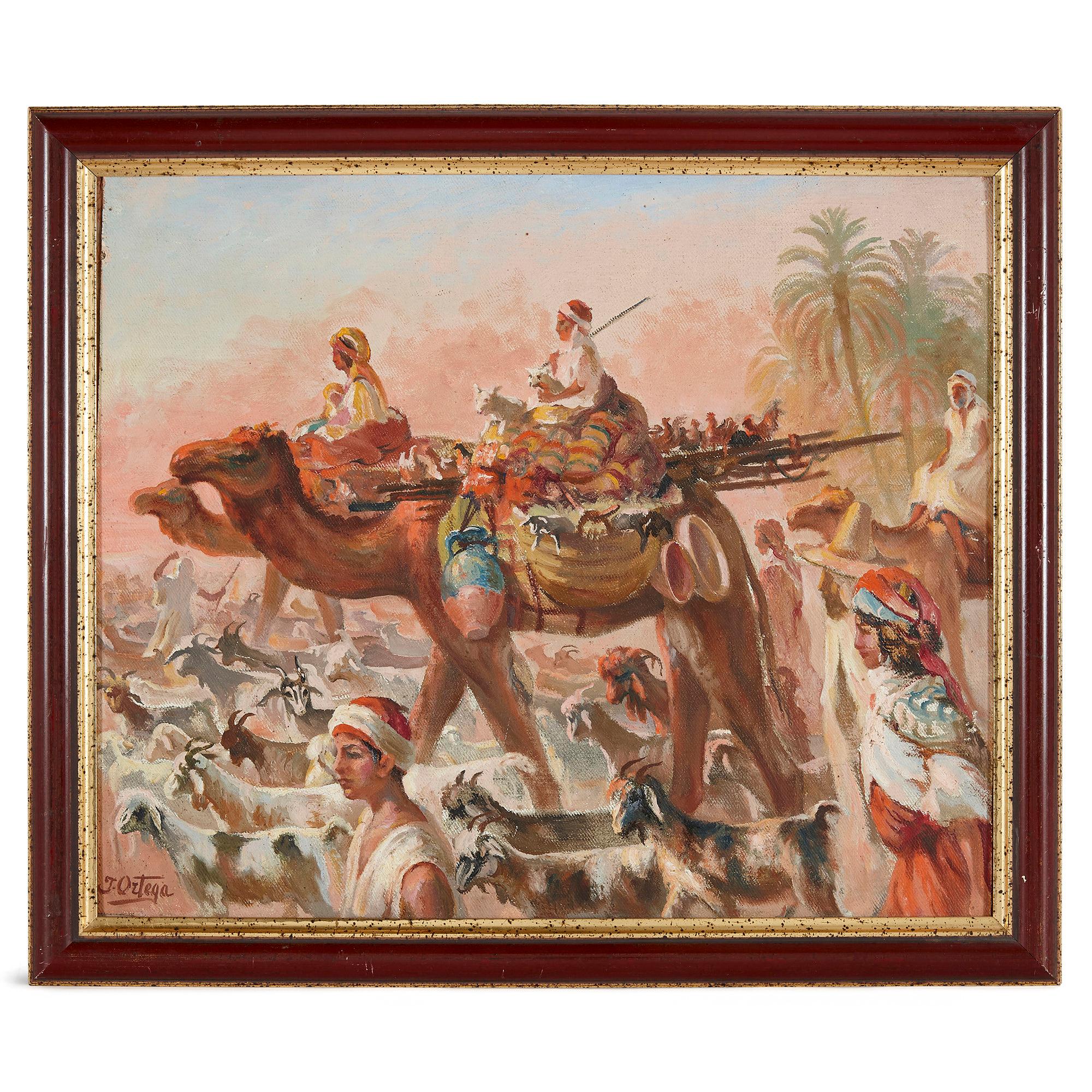 Antique Orientalist Oil on Board 'Desert Bedouin', by Spanish Artist Ortega