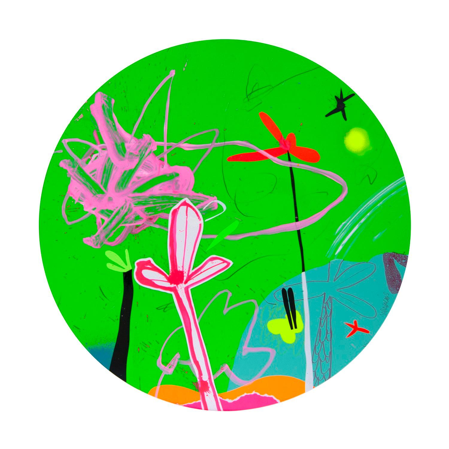 Auf diesem Original-Acrylbild auf Papier der Art Angler Gallery stellt Jose Palacios einen abstrakten Pop-Art-Stil dar. Er verwendet leuchtend pinke, weiße, grüne, schwarze und rote Formen, um seine Komposition aus "tropischen Formen" und Mustern zu