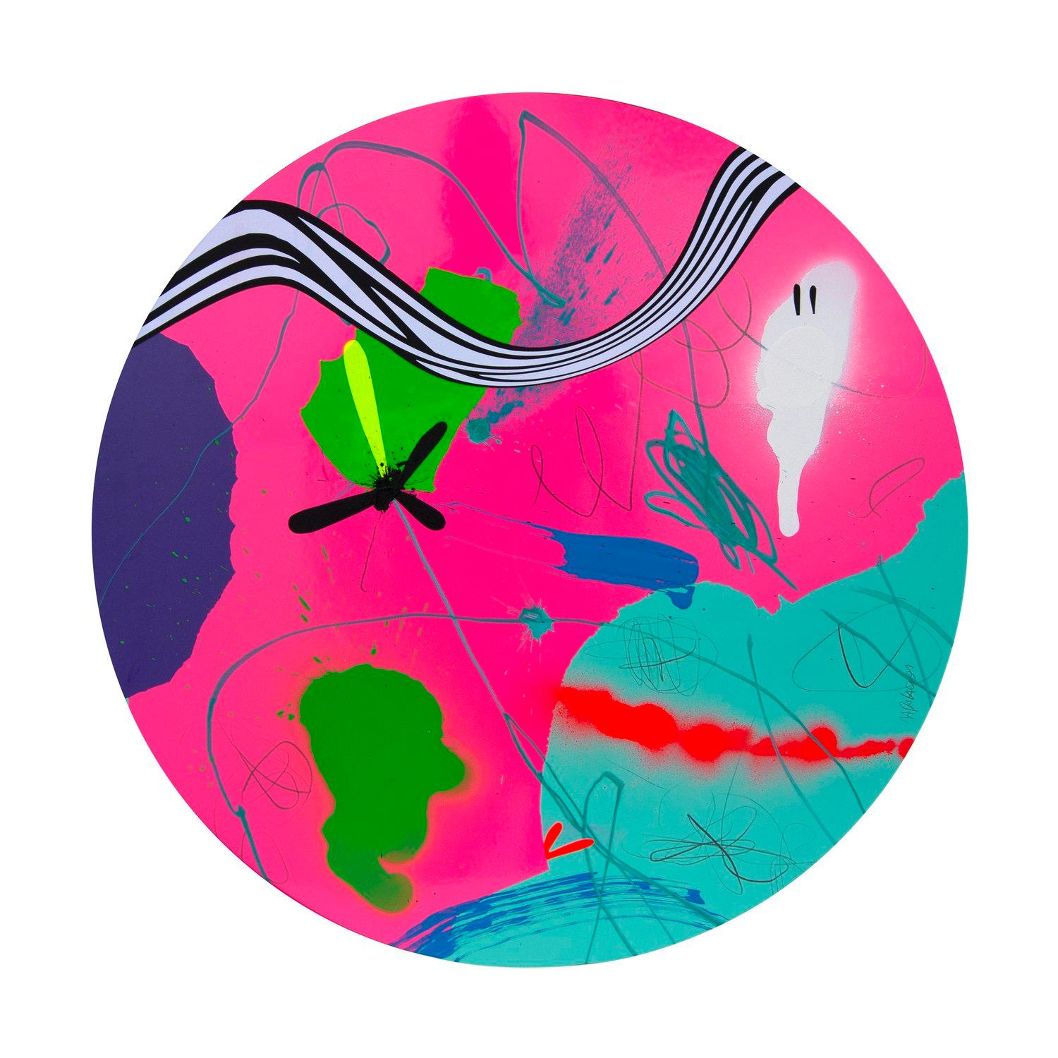 In this original acrylic paint on paper from Art Angler Gallery, Jose Palacios depicts an abstract pop art style. He uses vibrant pink, white, green, black and red shapes to create his composition of "tropical shapes" and patterns. Palacios' work is