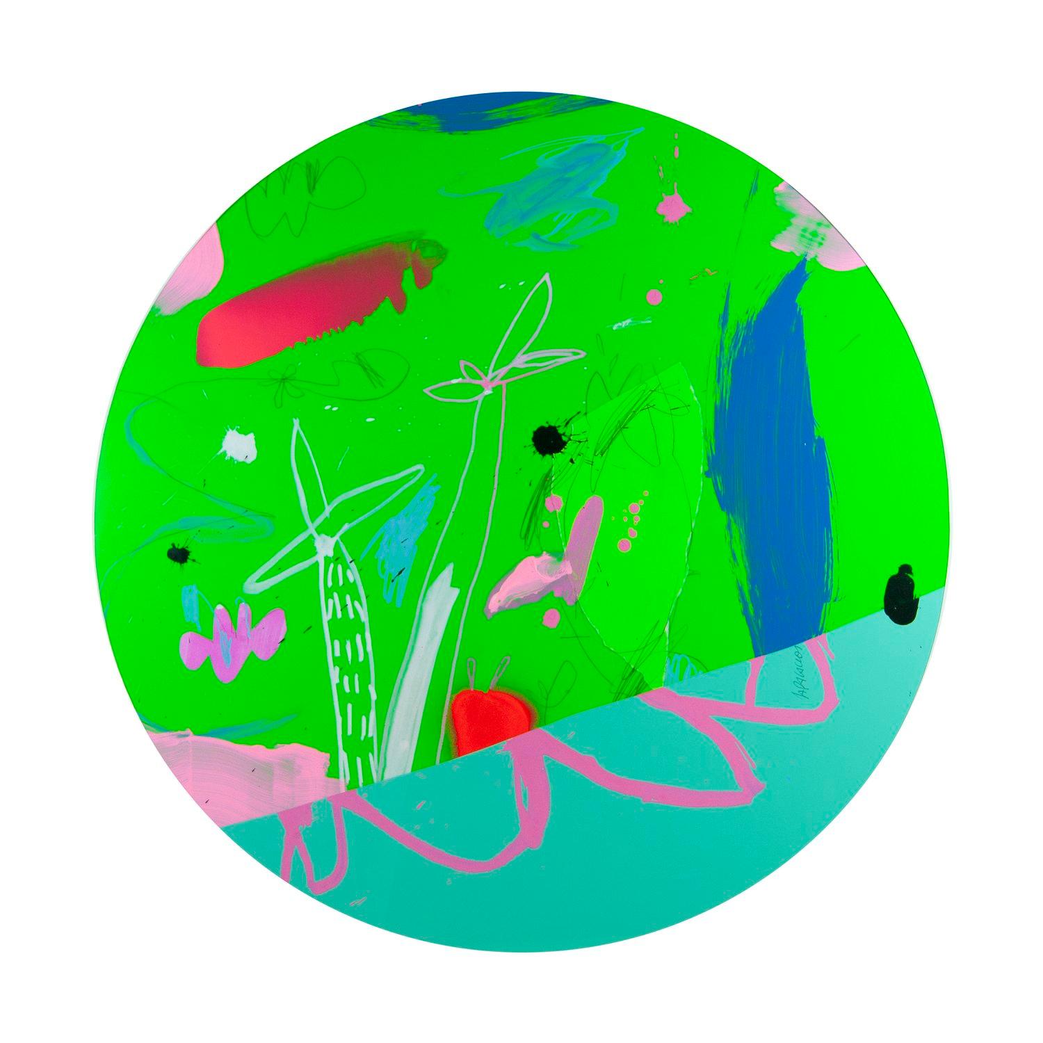 This vivid circular mixed media on paper by Jose Palacios, showcases his signature abstract pop art style, blending vibrant colors and dynamic forms. This painting feels like a playful garden dream. The top is a glowing, electric green—bright and