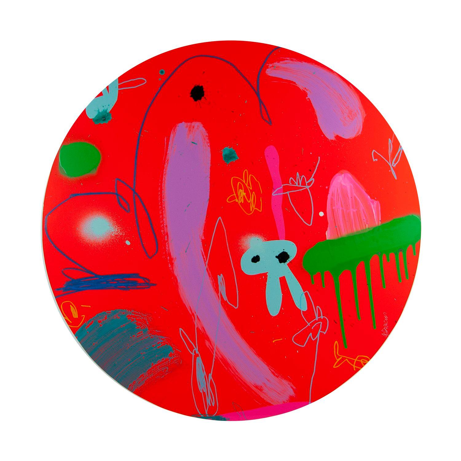 Cette œuvre circulaire mixte sur papier de Jose Palacios met en valeur son style pop art abstrait caractéristique, mêlant couleurs vives et formes dynamiques. Cette œuvre d'art déborde d'une énergie ardente. Une toile de fond rouge audacieuse
