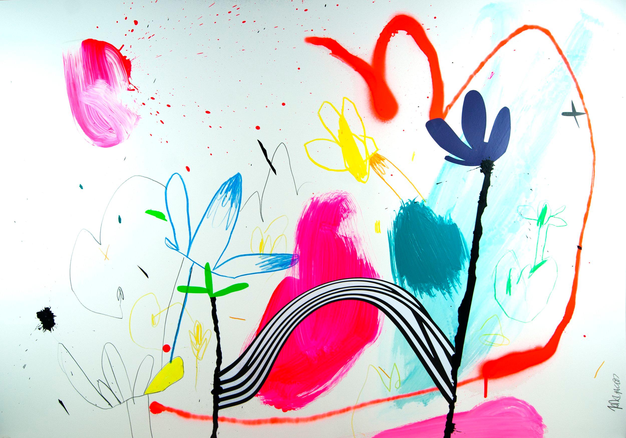 In this original acrylic paint and vinyl on paper from Art Angler Gallery, Jose Palacios depicts an abstract pop art style. Friendship feels like a playground of spontaneous marks and joyful intention. A sinuous black-and-white striped bridge arches