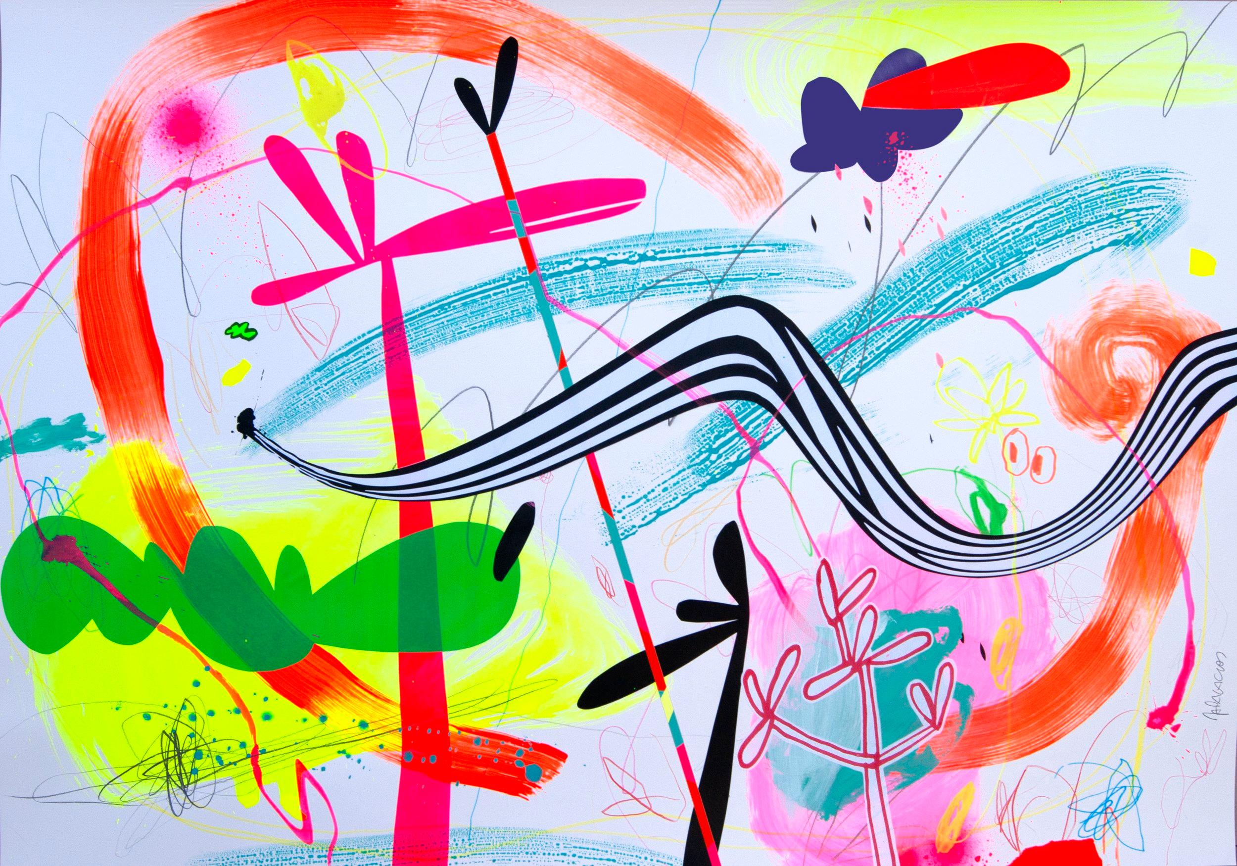 In diesem Original mit Acrylfarbe und Vinyl auf Papier der Art Angler Gallery stellt Jose Palacios einen abstrakten Pop-Art-Stil dar. Er verwendet leuchtend rosa, weiße, grüne, blaue, schwarze und rote Formen, um seine Komposition aus "tropischen