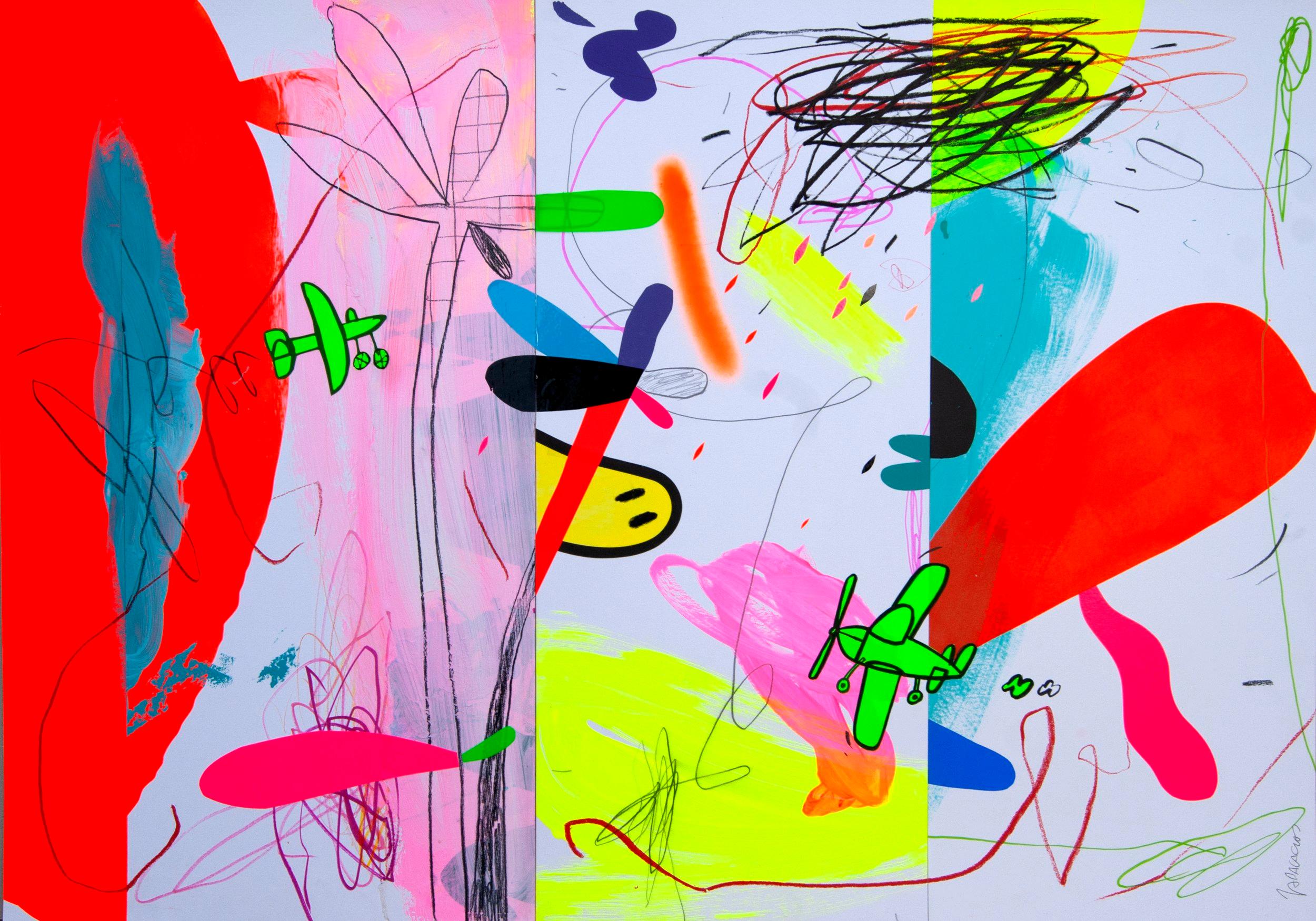 In diesem Original mit Acrylfarbe und Vinyl auf Papier der Art Angler Gallery stellt Jose Palacios einen abstrakten Pop-Art-Stil dar. Er verwendet leuchtend rosa, weiße, grüne, blaue, schwarze und rote Formen, um seine Komposition aus "tropischen