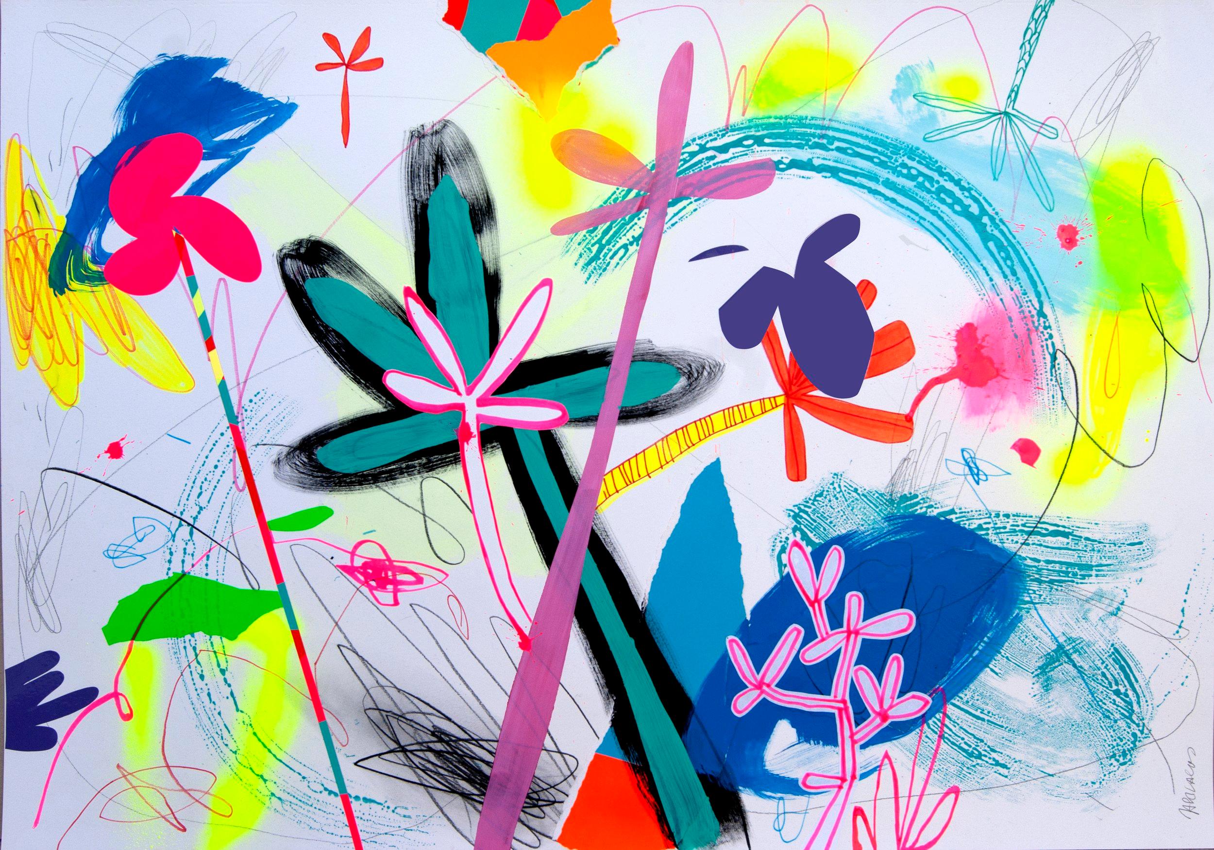 Dans cette œuvre originale en peinture acrylique et vinyle sur papier de la Gallery Art Angler, Jose Palacios dépeint un style pop art abstrait. Il utilise des formes vibrantes roses, blanches, vertes, bleues, noires et rouges pour créer sa