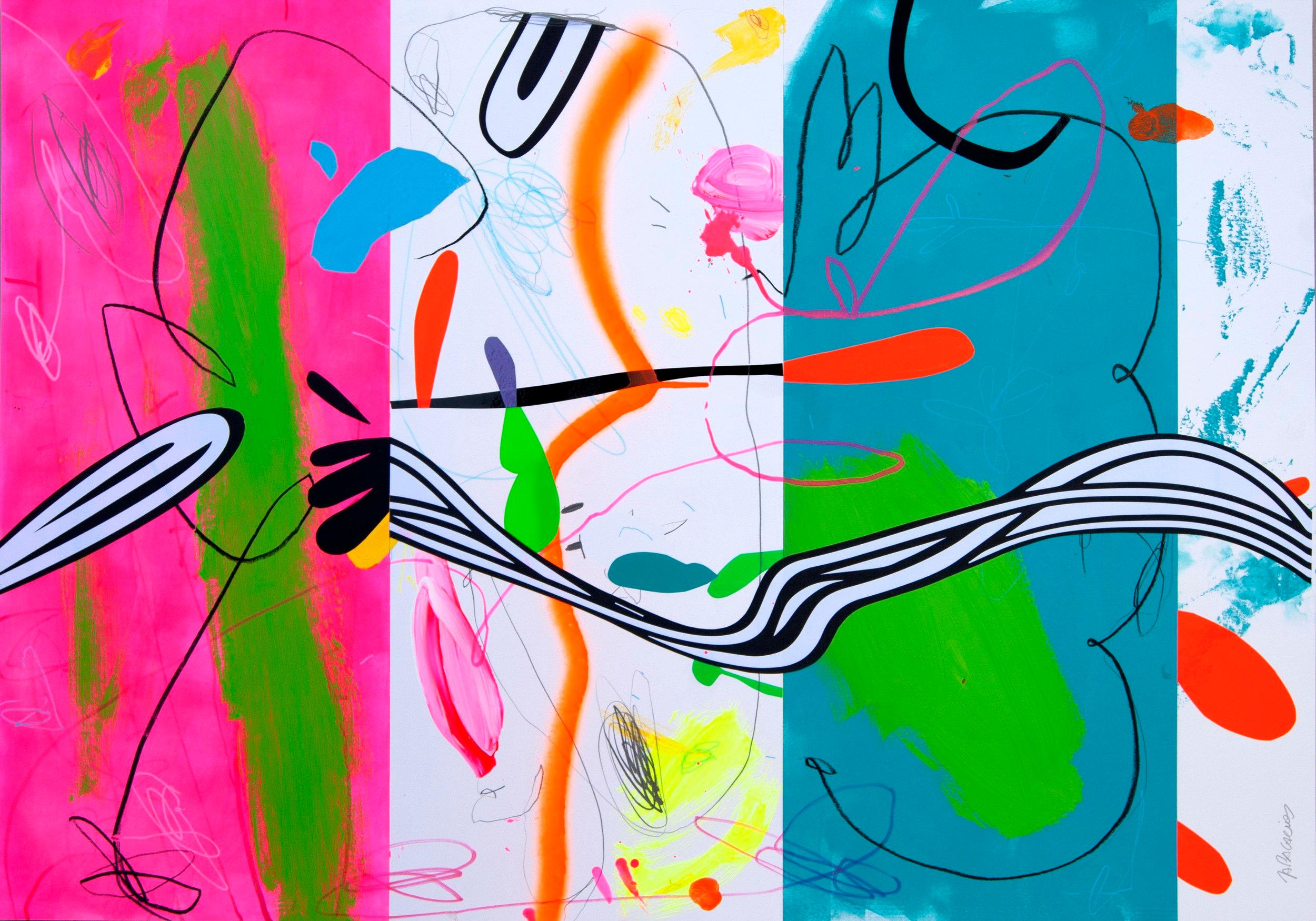 In this original acrylic paint and vinyl on paper from Art Angler Gallery, Jose Palacios depicts an abstract pop art style. He uses vibrant pink, white, green, blue, black and red shapes to create his composition of "tropical shapes" and patterns.