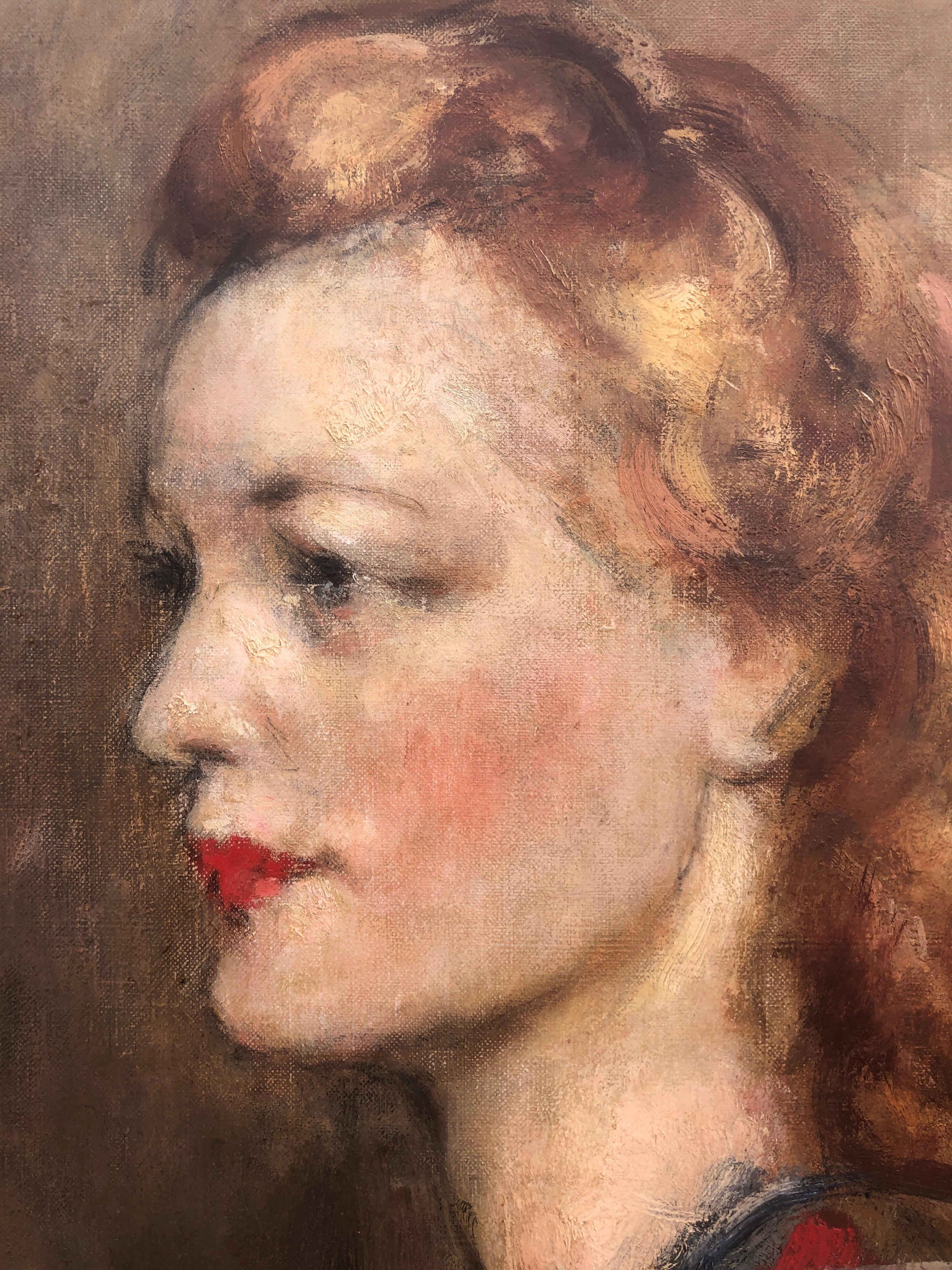 Huile sur toile portrait de femme de profil - Après-guerre Painting par Jose Palmeiro