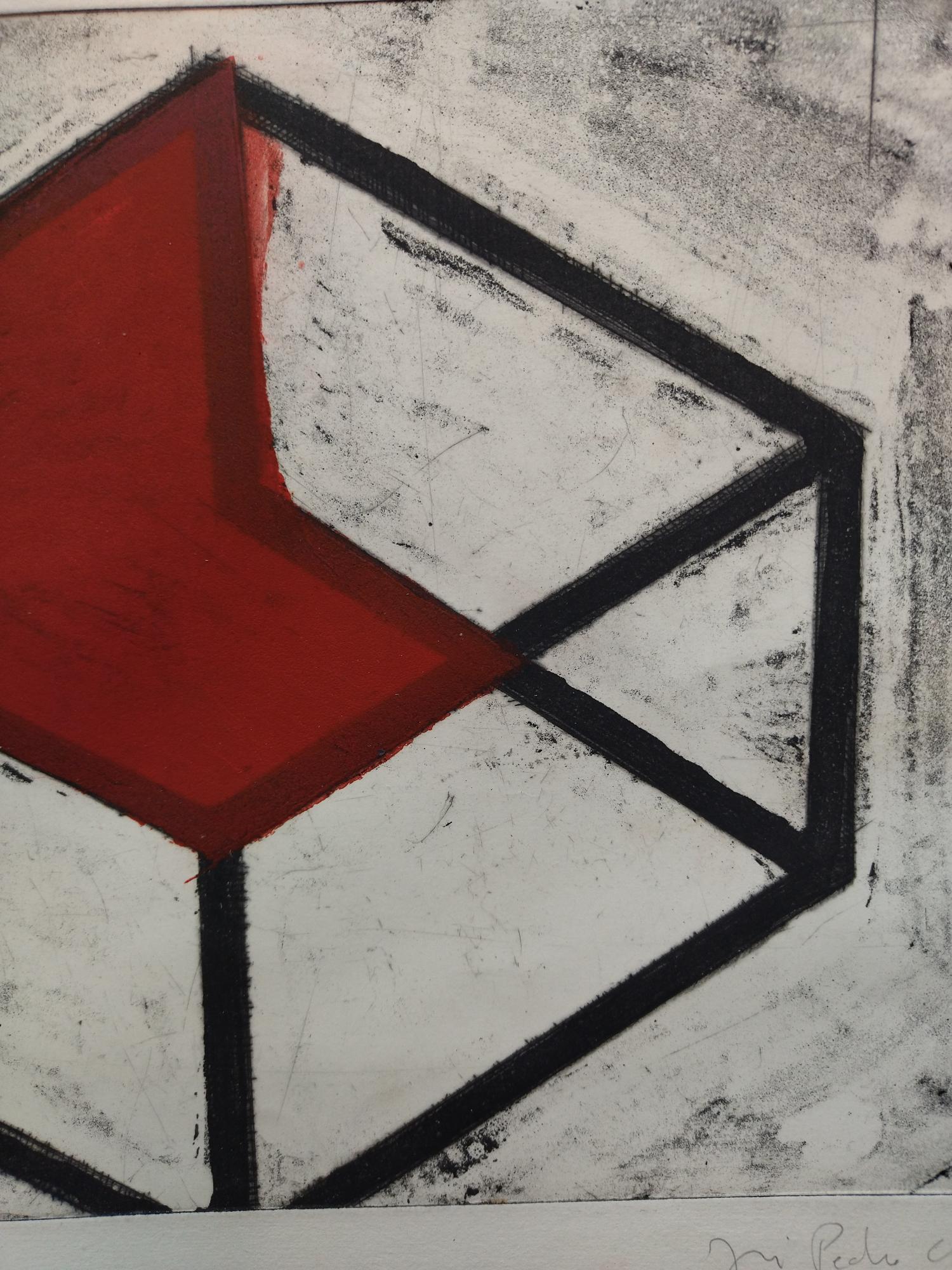 Pedro Croft 12 Geometric figure. black and red - Gray Abstract Painting by JOSE PEDRO CROFT