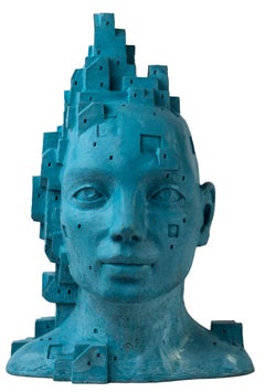 Escultura figurativa arquitectónica de cemento turquesa. Antropotectura LarA 017