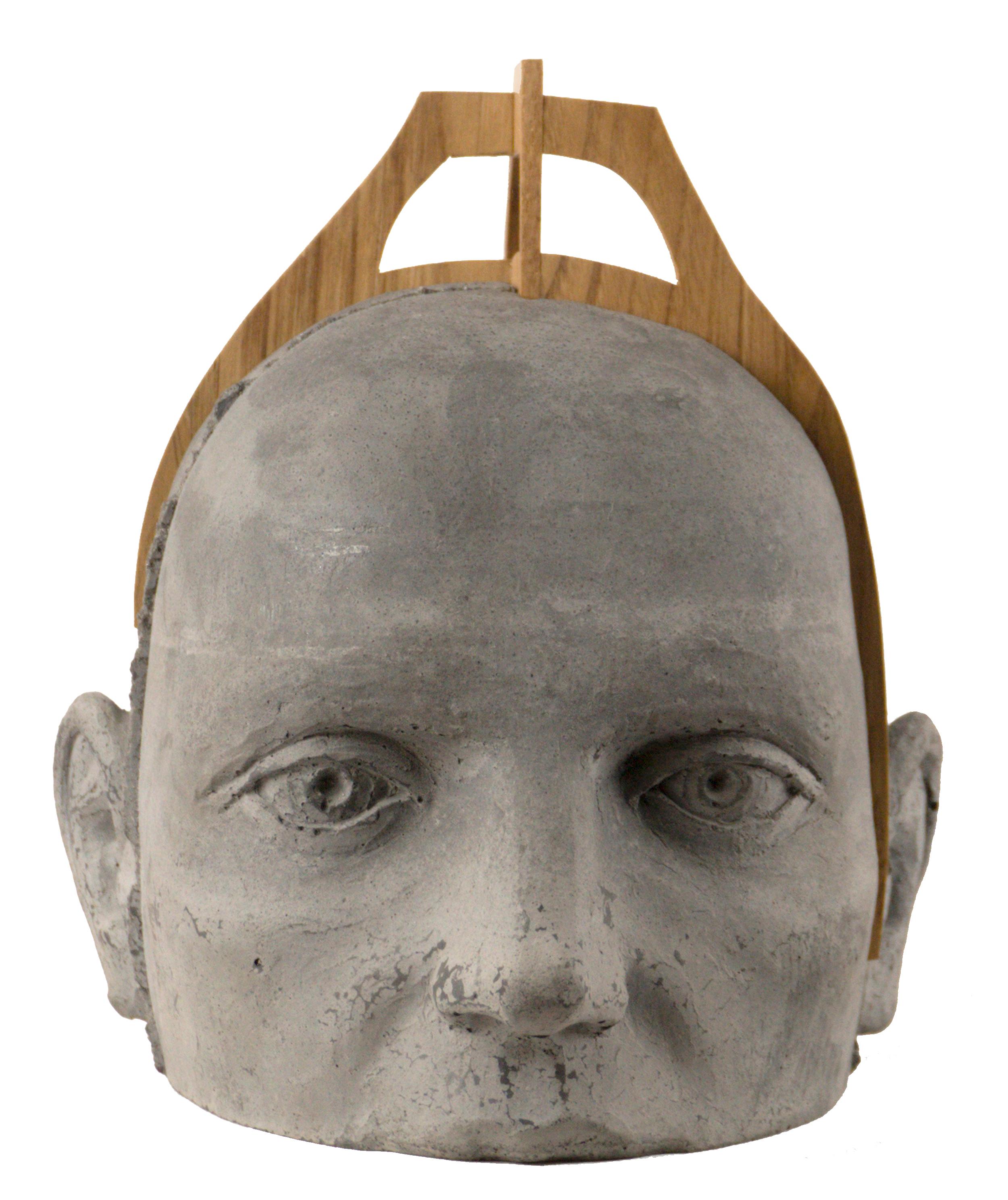 Jose Perozo Figurative Sculpture - Architectural Cement Head Sculpture with Vaulted Wood Structure Project 17