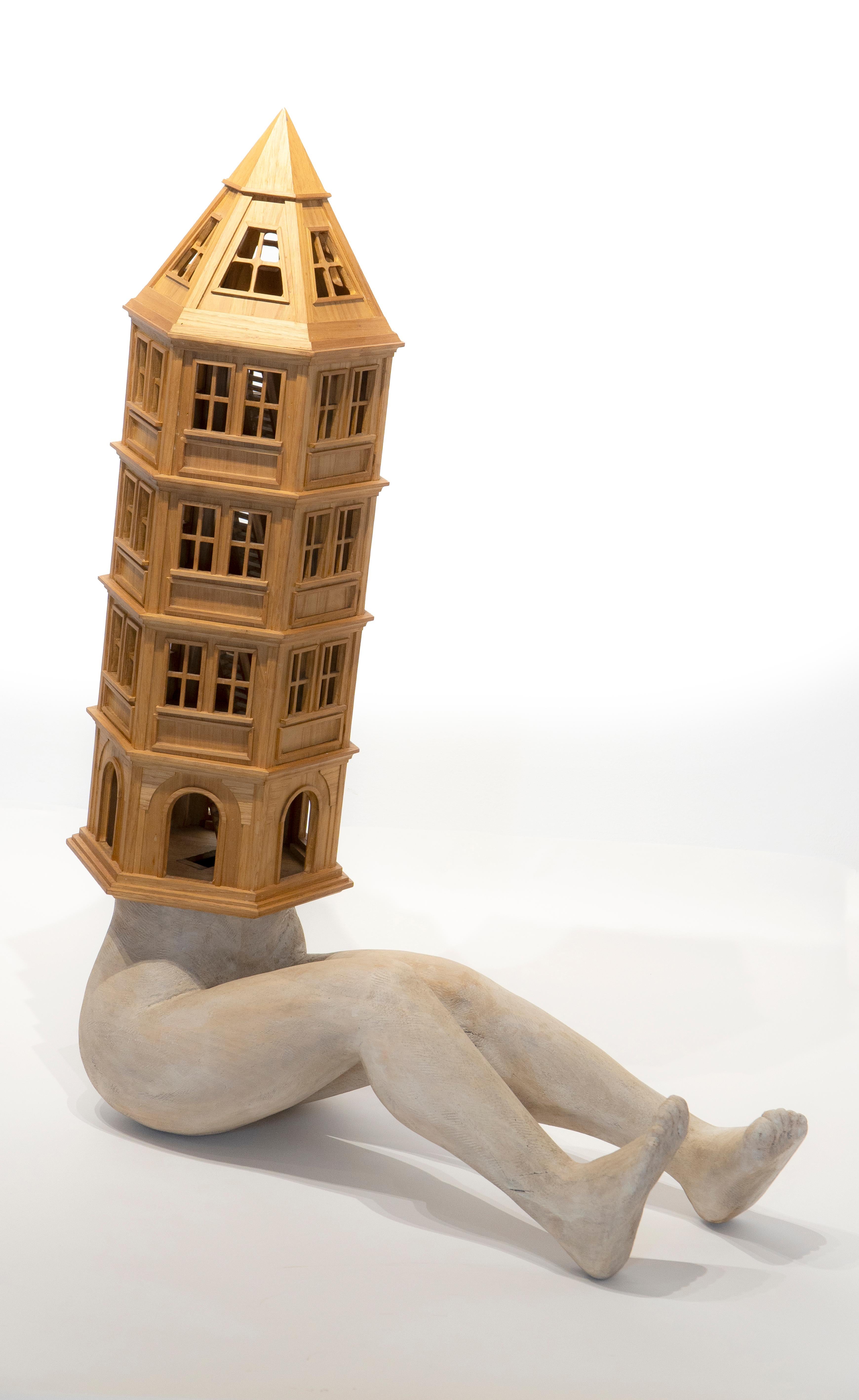 Female Figure Architectural Sculpture in Chestnut Wood House Tower Form