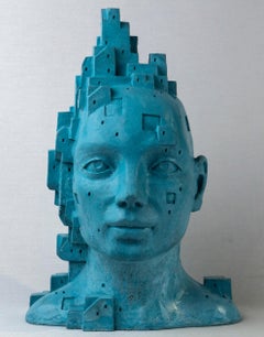 Architektonische figurative Skulptur aus türkisfarbenem Zement. Anthropotektur LarA 017