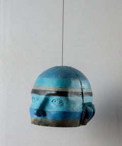 Architectural Hanging Cement Head Sculpture with Blue and Gray Layered Stripes