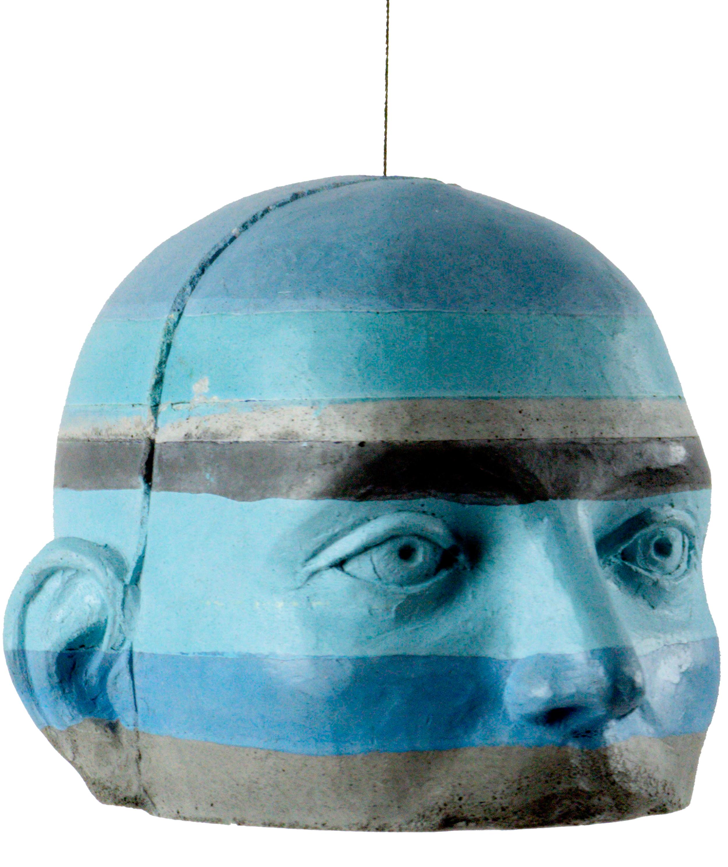 Architectural Hanging Cement Head Sculpture with Blue and Gray Layered Stripes