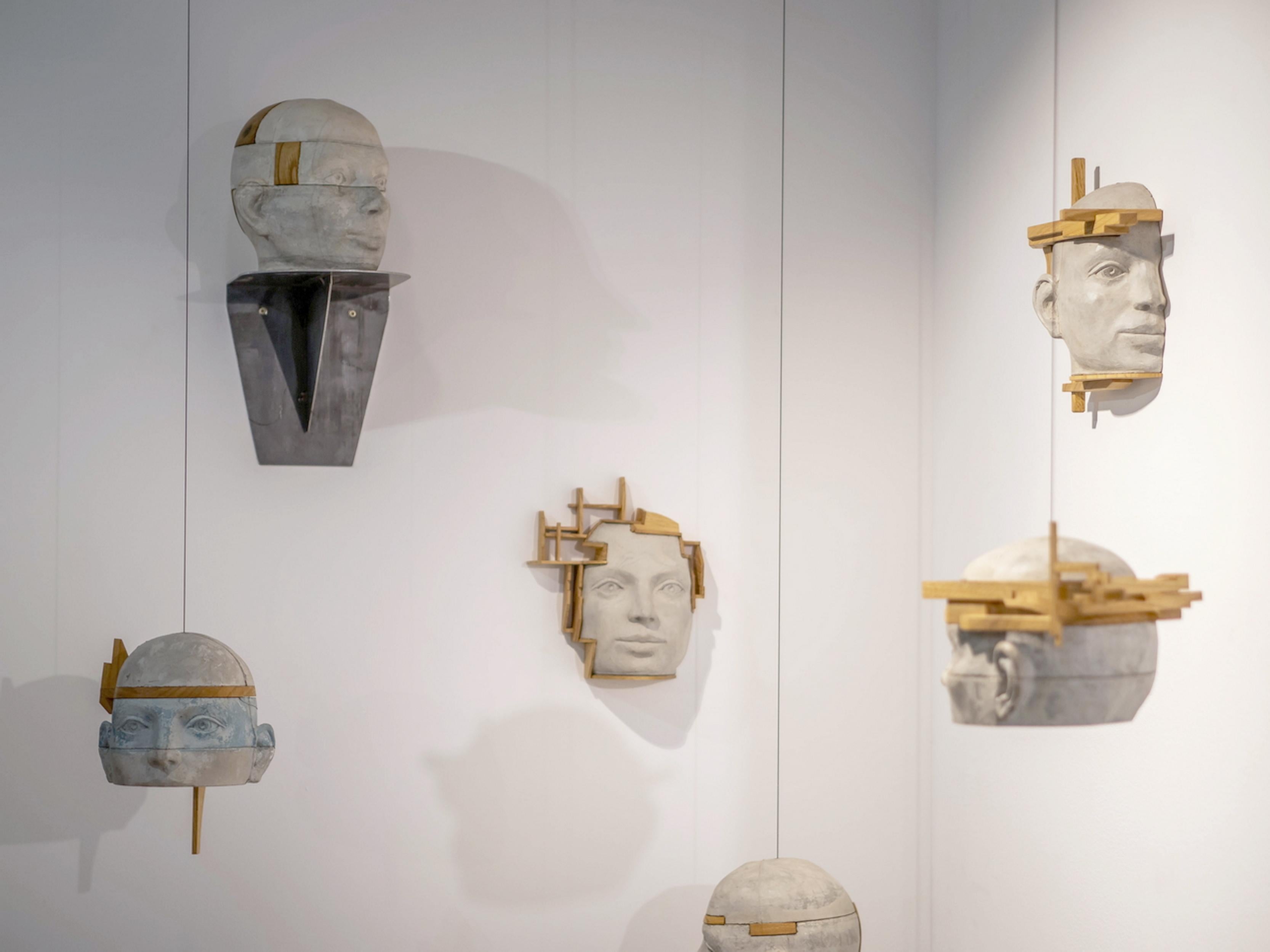 Architectural Hanging Cement Head Sculpture with Wood Framework Project 23 For Sale 8