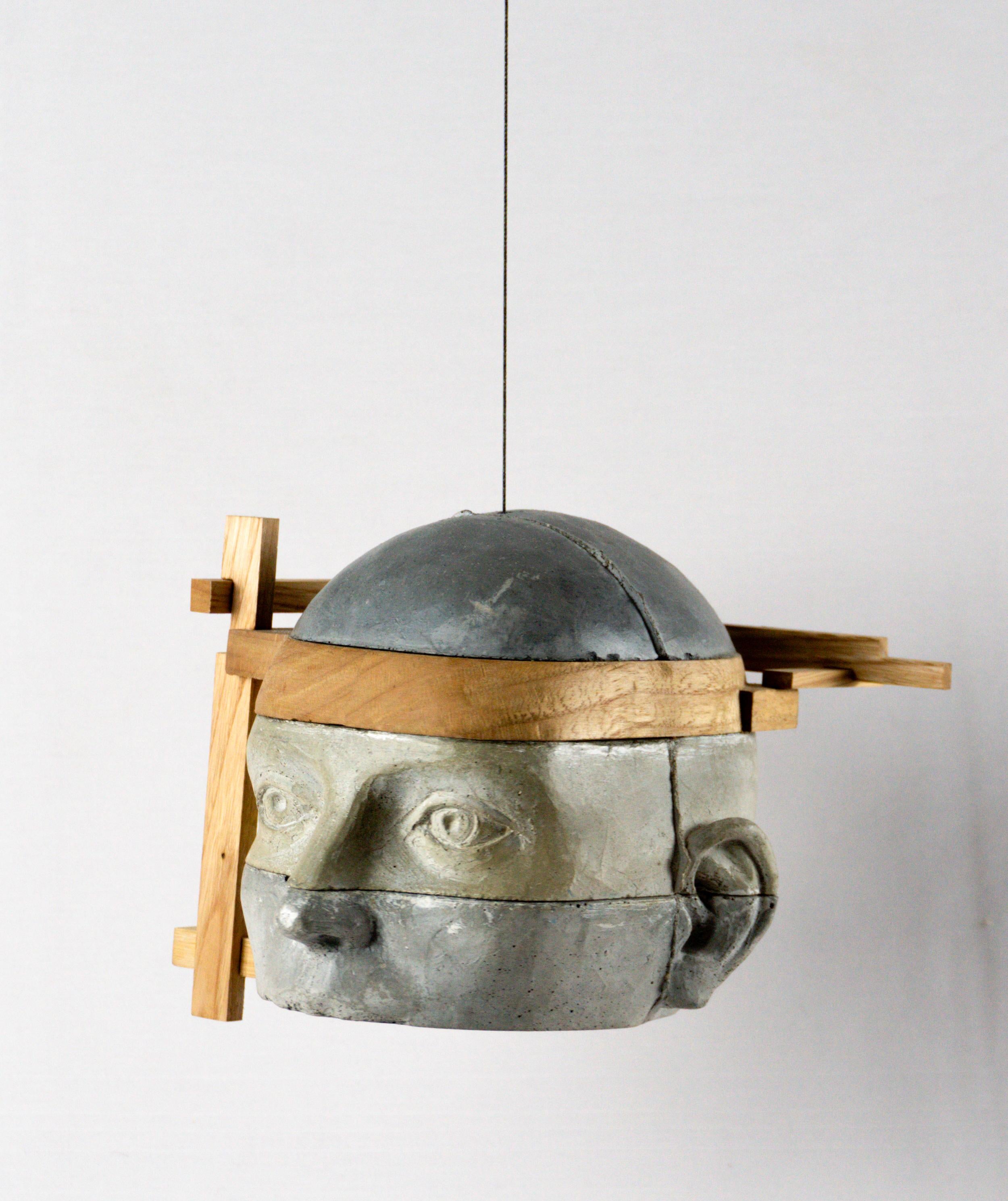 Architectural Hanging Cement Head Sculpture with Wood Framework Project 23 - Brown Figurative Sculpture by Jose Perozo