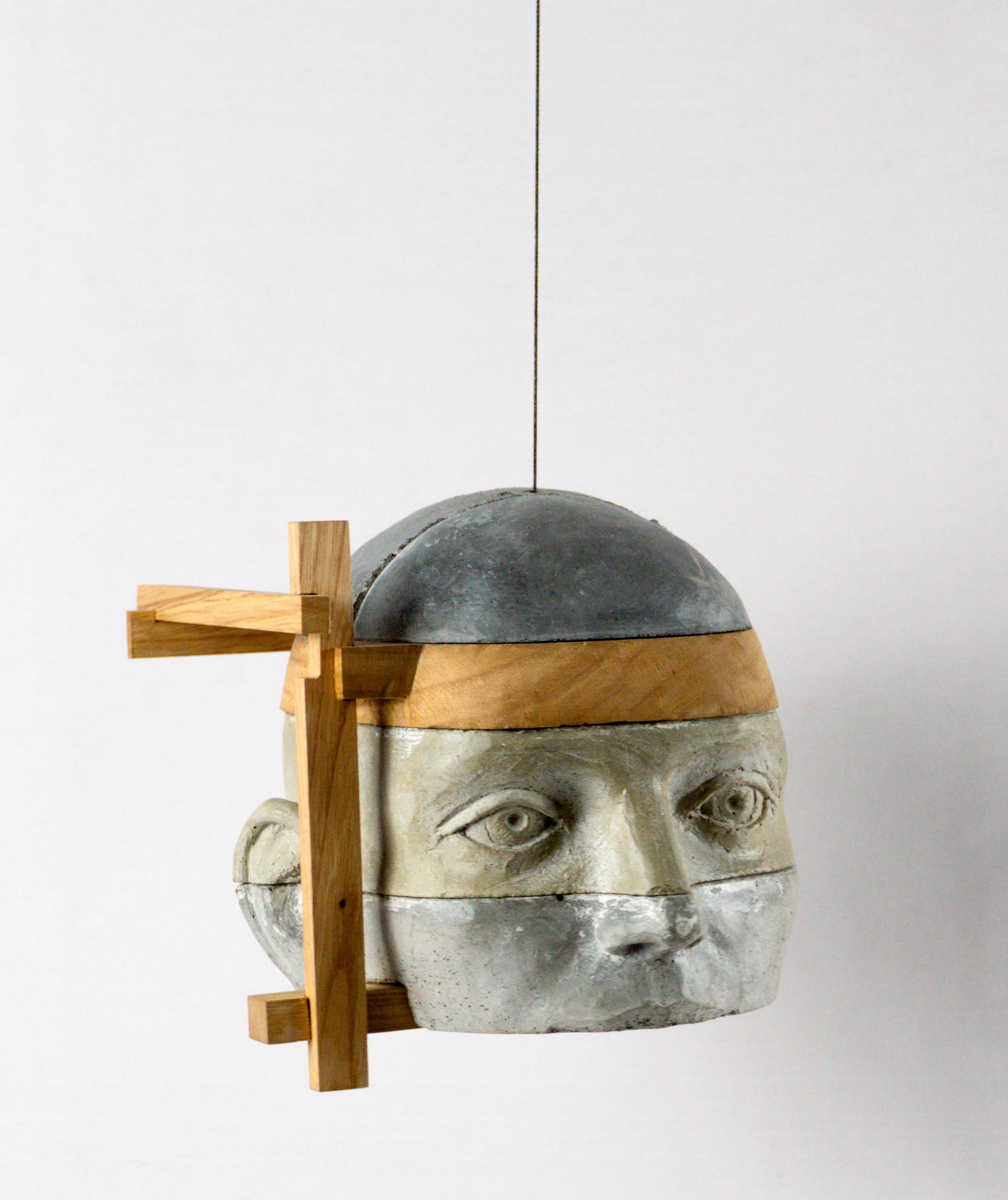 Architectural Hanging Cement Head Sculpture with Wood Framework Project 23 For Sale 1