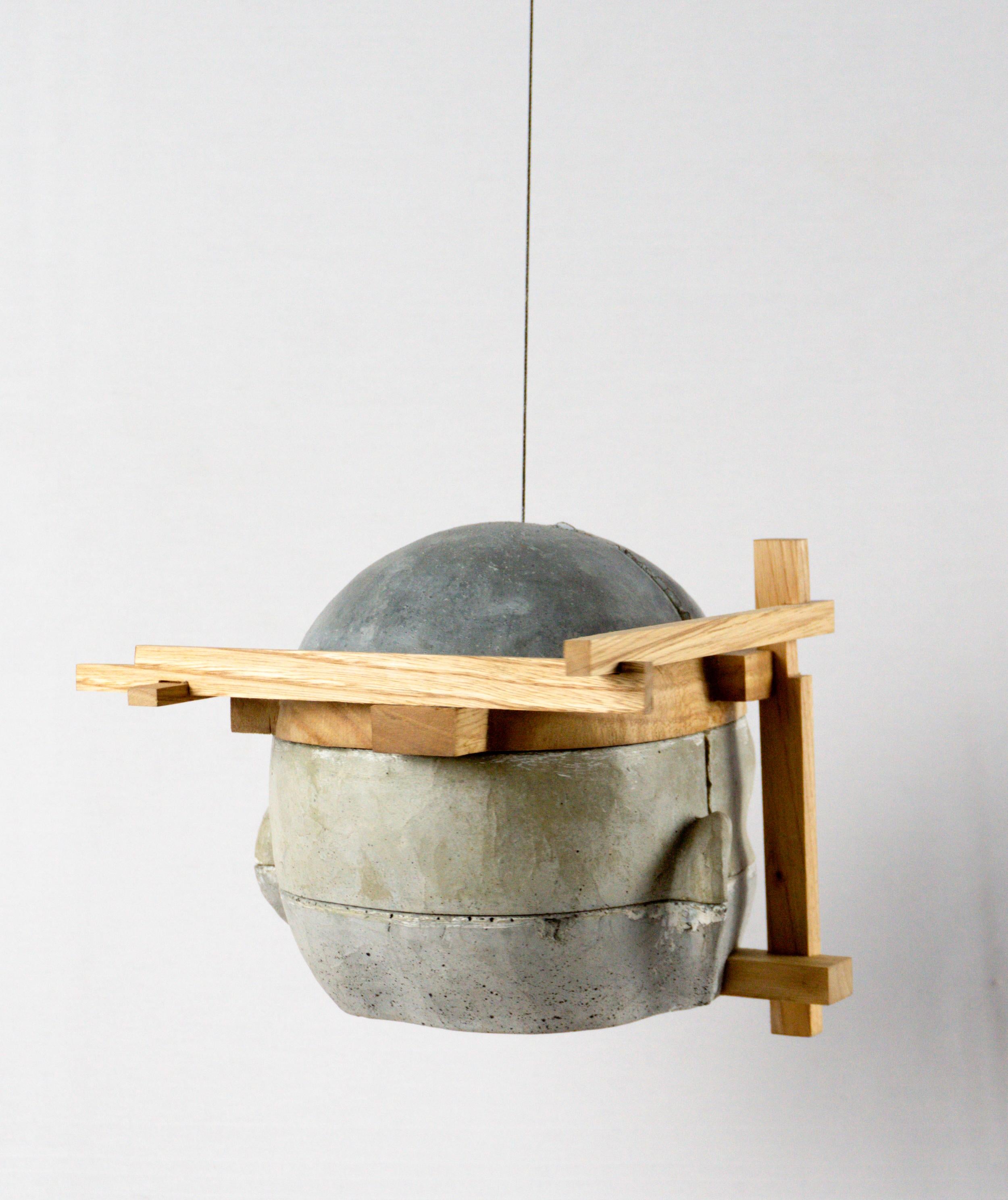 Architectural Hanging Cement Head Sculpture with Wood Framework Project 23 For Sale 2