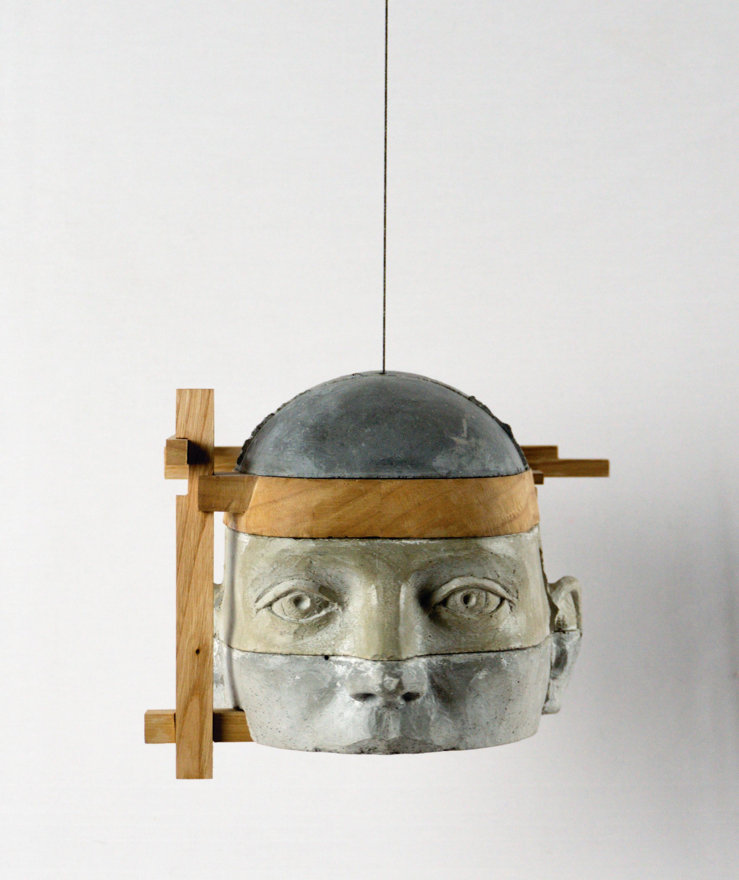 Architectural Hanging Cement Head Sculpture with Wood Framework Project 23 For Sale 3