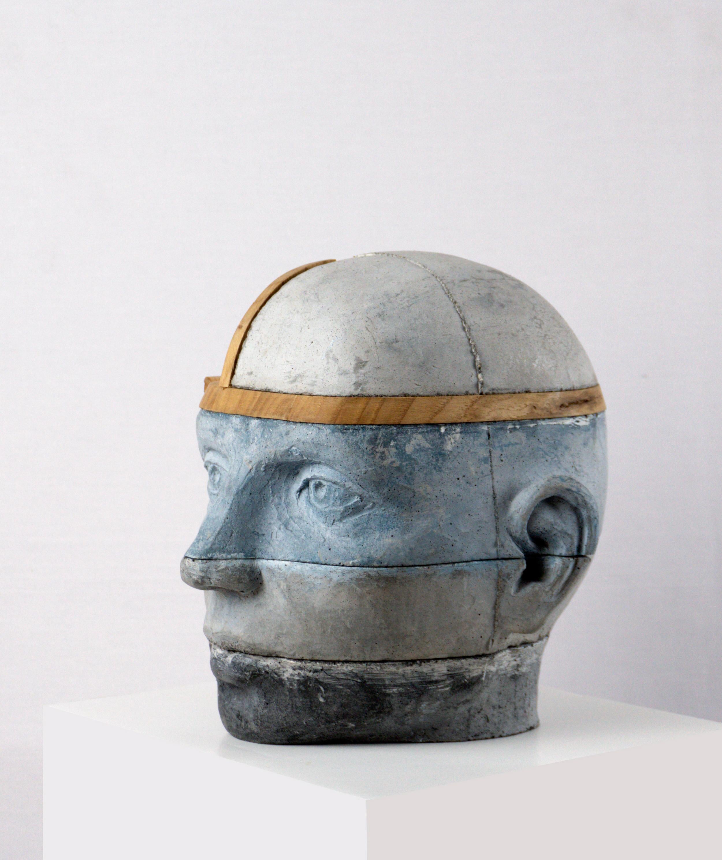 Architectural Layered Cement Head with Chestnut Wood Structure Project 19 - Sculpture by Jose Perozo