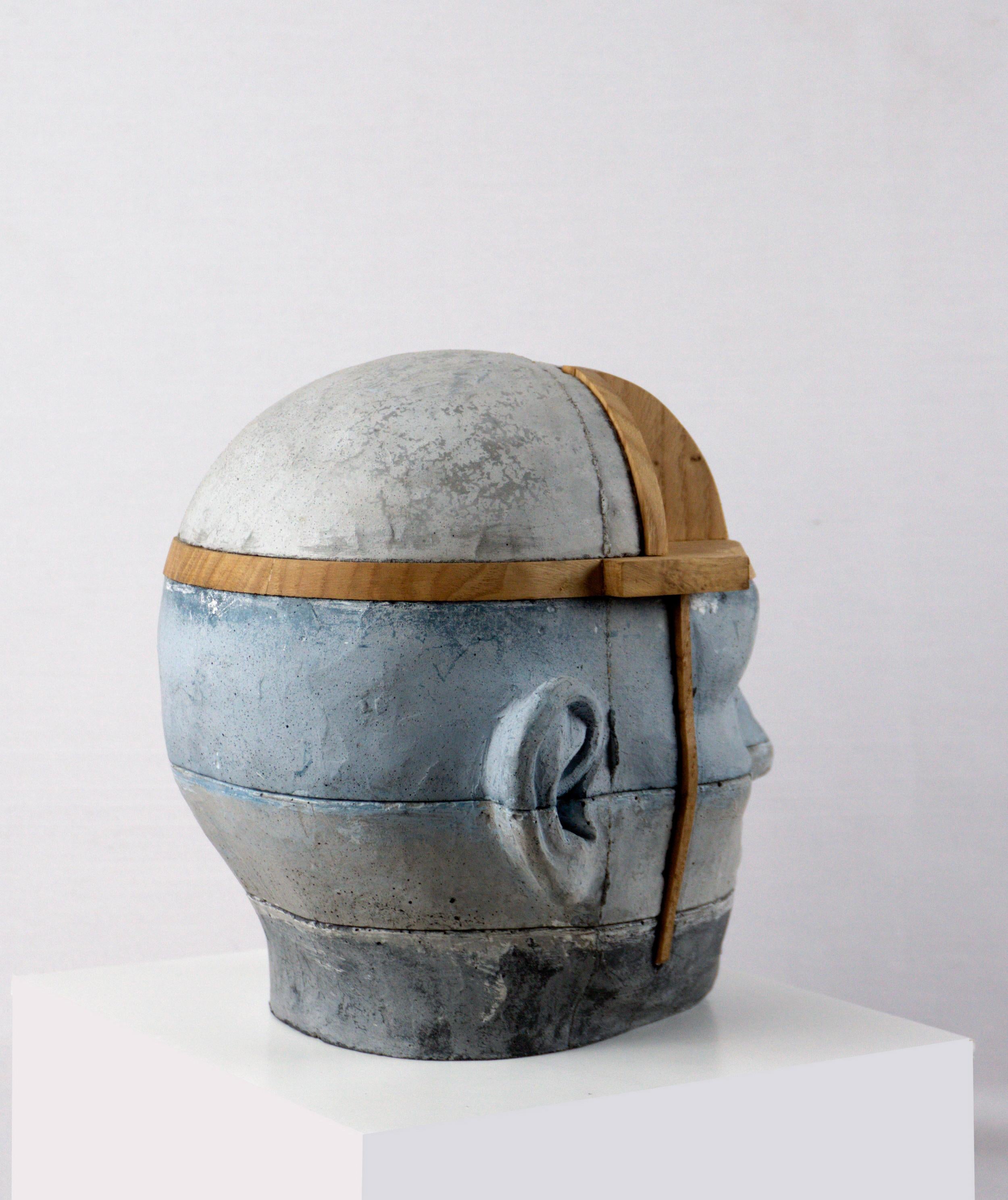 Architectural Layered Cement Head with Chestnut Wood Structure Project 19 - Contemporary Sculpture by Jose Perozo