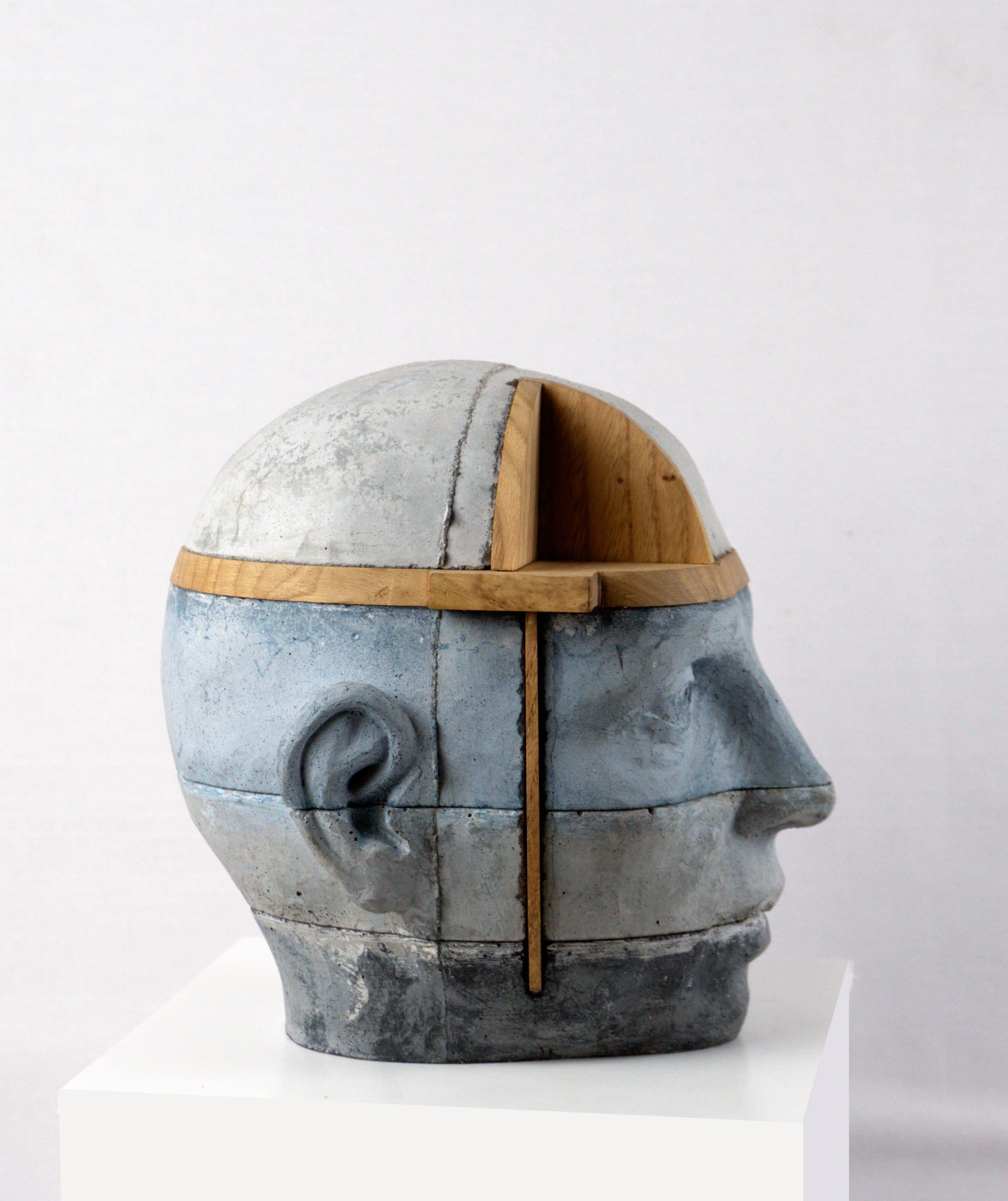 Architectural Layered Cement Head with Chestnut Wood Structure Project 19 - Brown Abstract Sculpture by Jose Perozo