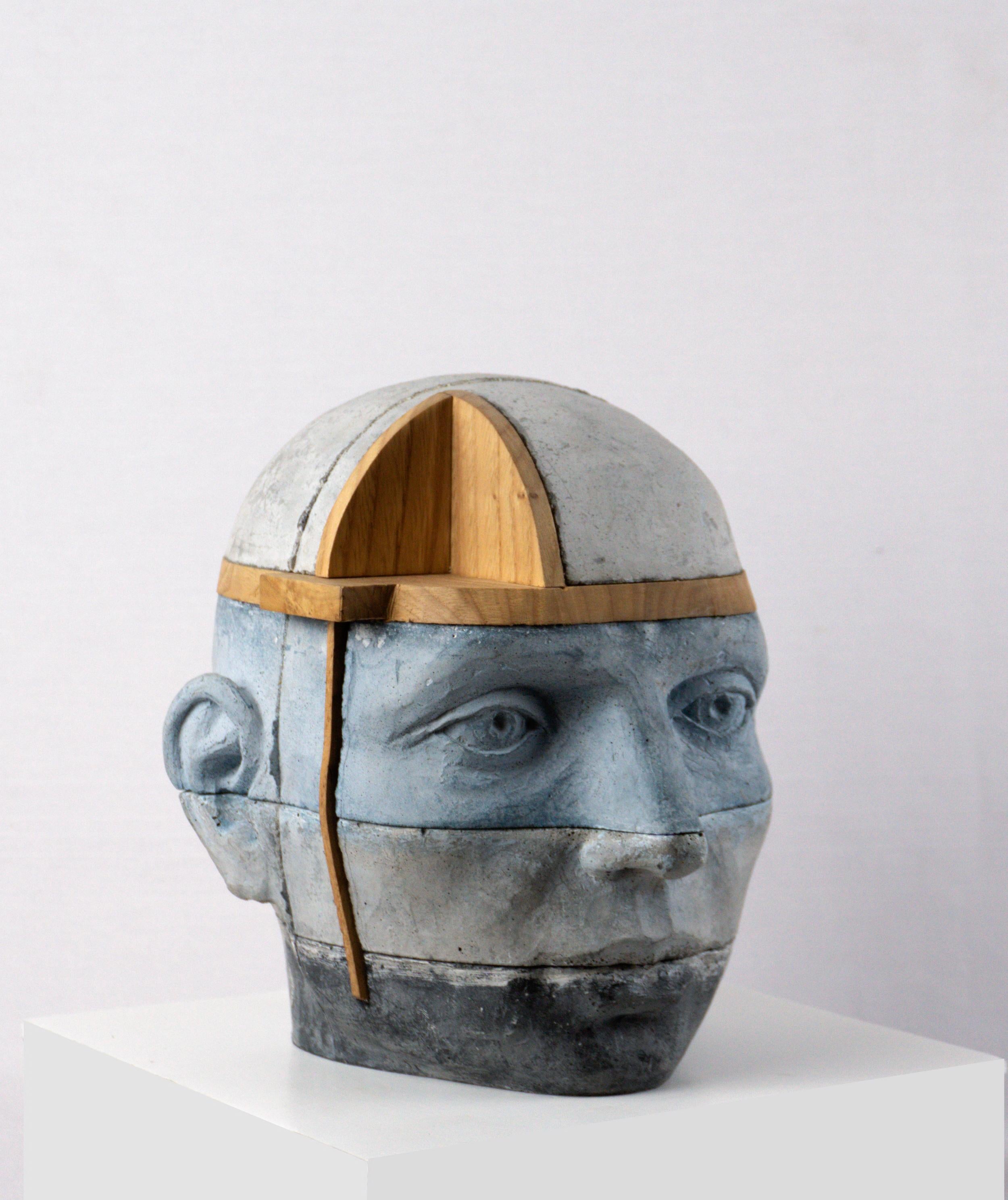 This architectural layered cement head sculpture forms part of the Proyectos subseries within the wider conceptual framework of anthropotecture. Project 19 reflects on the human head as a constructed dwelling composed of stacked layers, structural