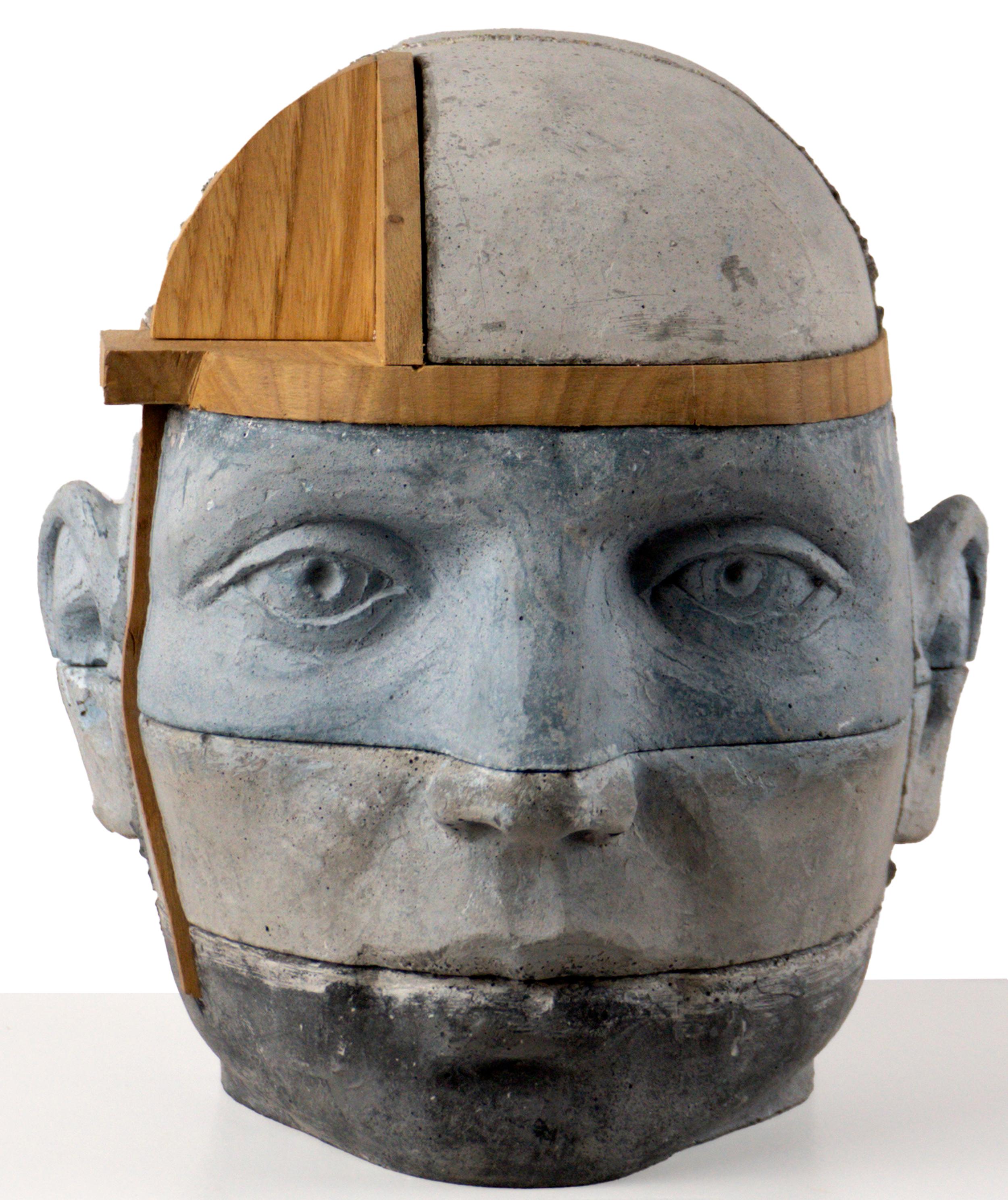 Jose Perozo Abstract Sculpture - Architectural Layered Cement Head with Chestnut Wood Structure Project 19