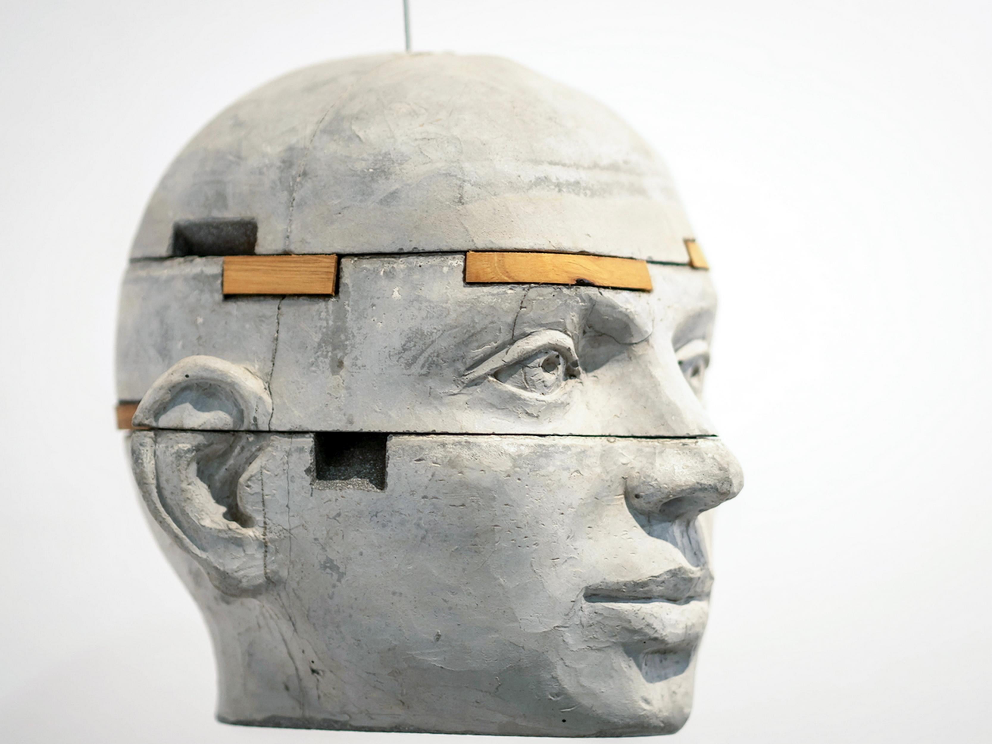 Cette sculpture architecturale de tête en ciment suspendue fait partie de la sous-série Proyectos dans le cadre plus large de l'anthropotecture de José Perozo. Le projet 3 étudie la tête humaine comme une habitation construite, assemblée par des