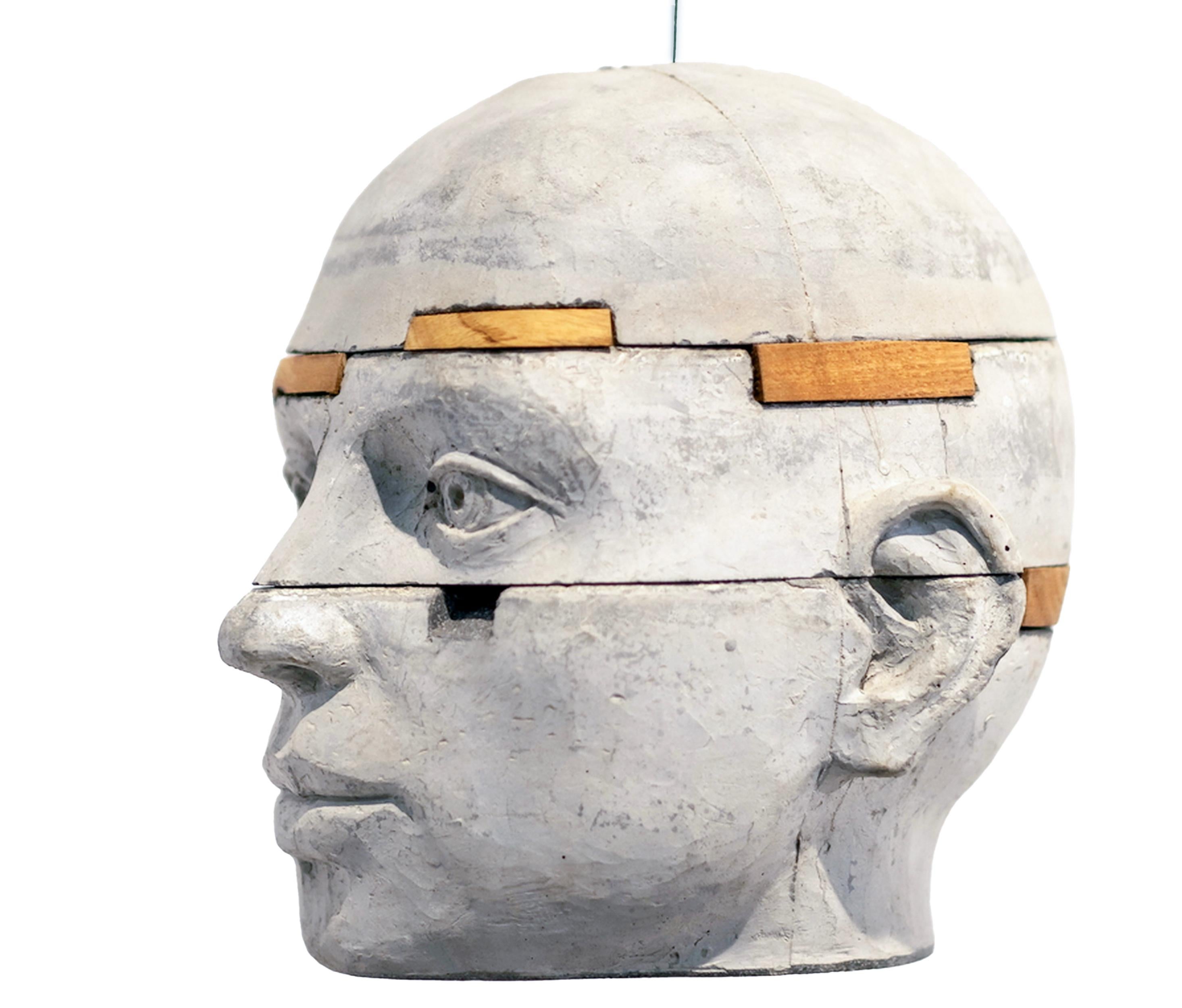 Architectural Layered Hanging Cement Head Sculpture with Chestnut Wood Elements