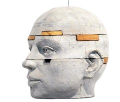 Architectural Layered Hanging Cement Head Sculpture with Chestnut Wood Elements