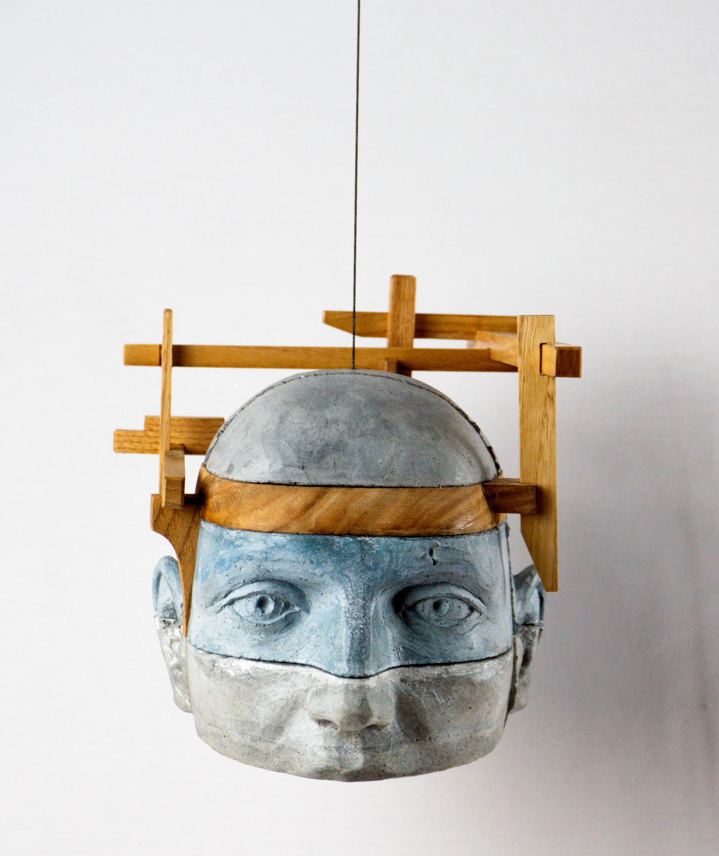 Architectural Layered Hanging Cement Head with Wood Framework Project 24 - Sculpture by Jose Perozo