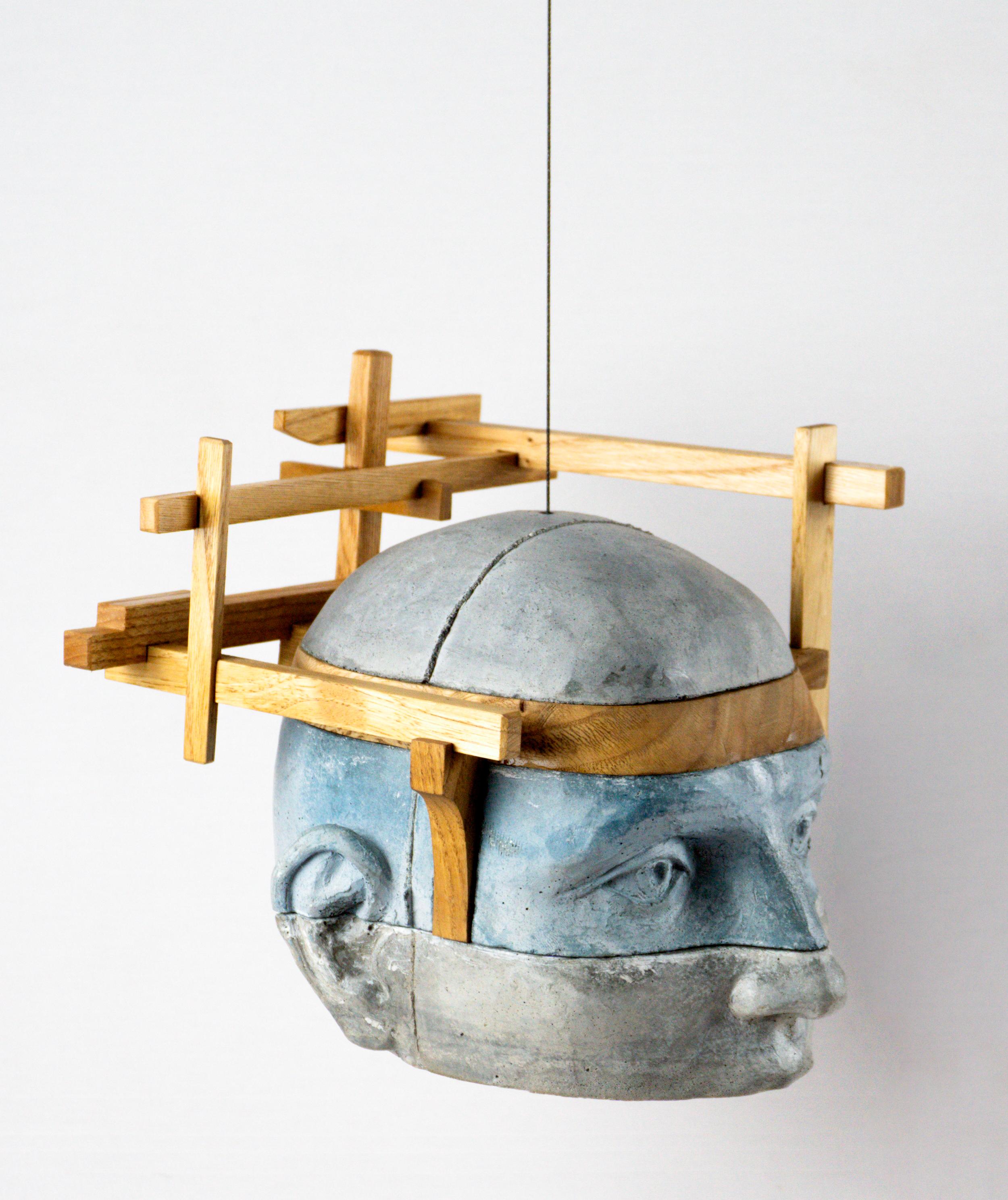 Architectural Layered Hanging Cement Head with Wood Framework Project 24 - Contemporary Sculpture by Jose Perozo