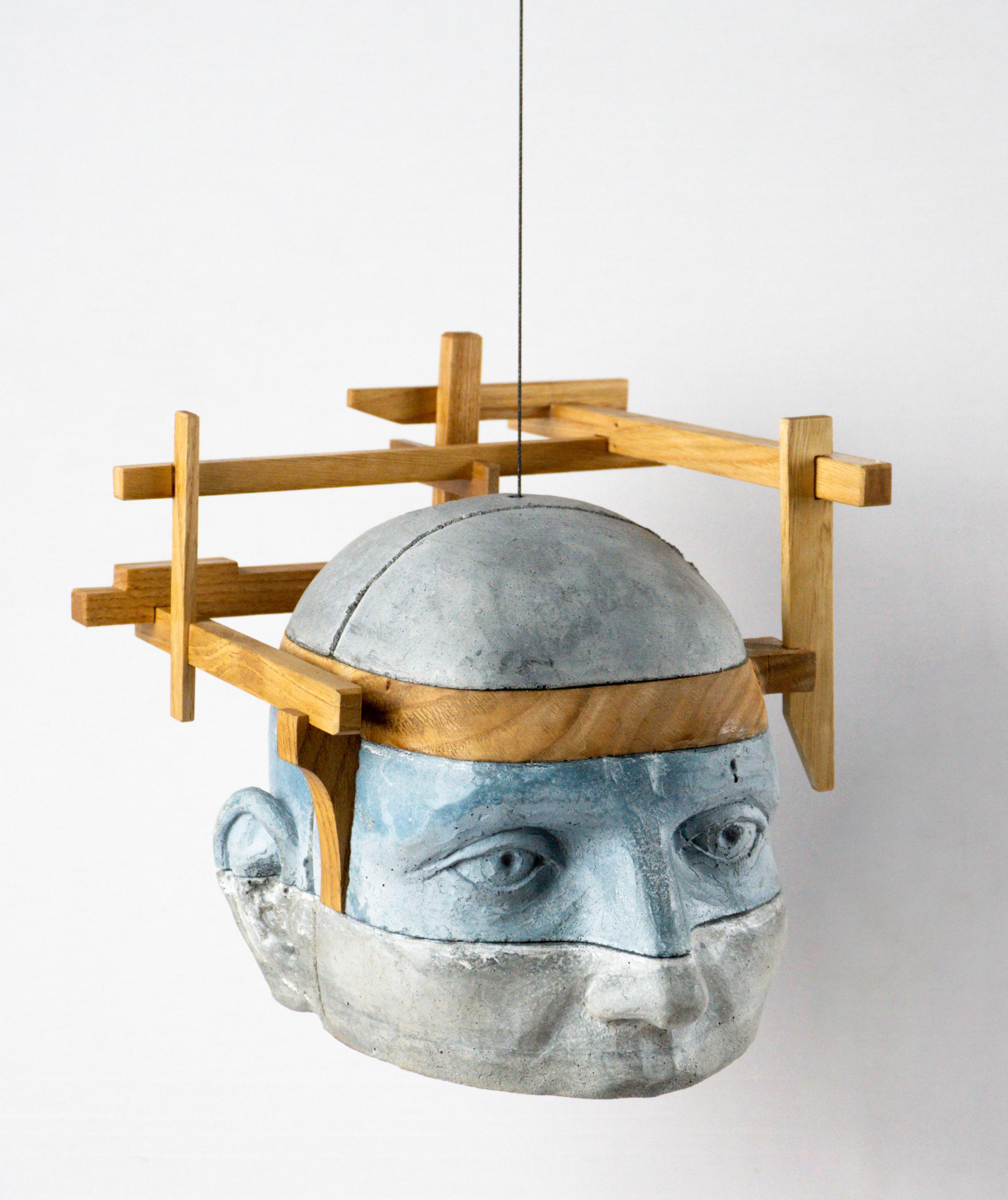 Architectural Layered Hanging Cement Head with Wood Framework Project 24 - Brown Abstract Sculpture by Jose Perozo