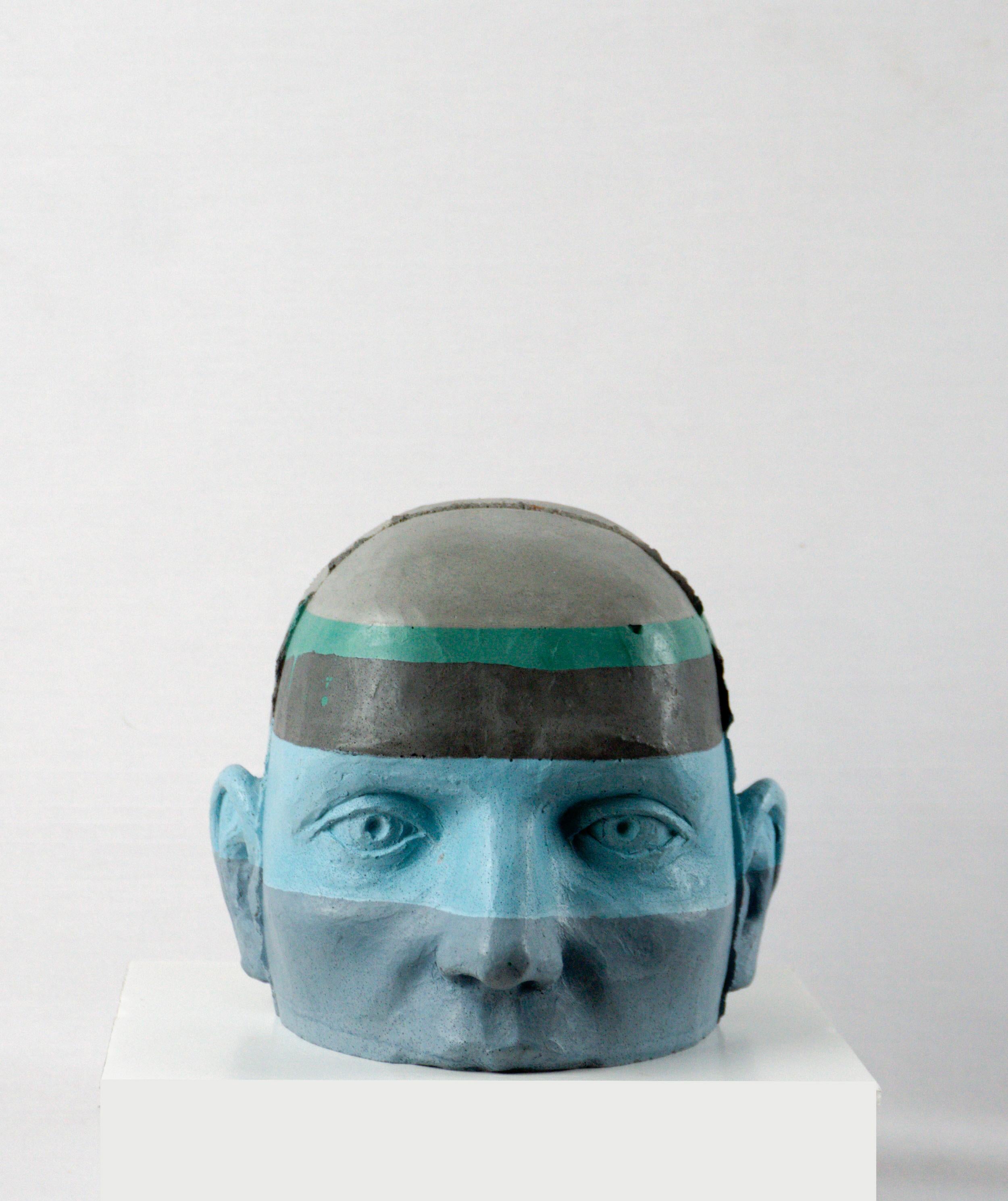 Architectural Painted Cement Head Sculpture with Chromatic Strata Project 20 - Figurative Sculpture Azul de Jose Perozo