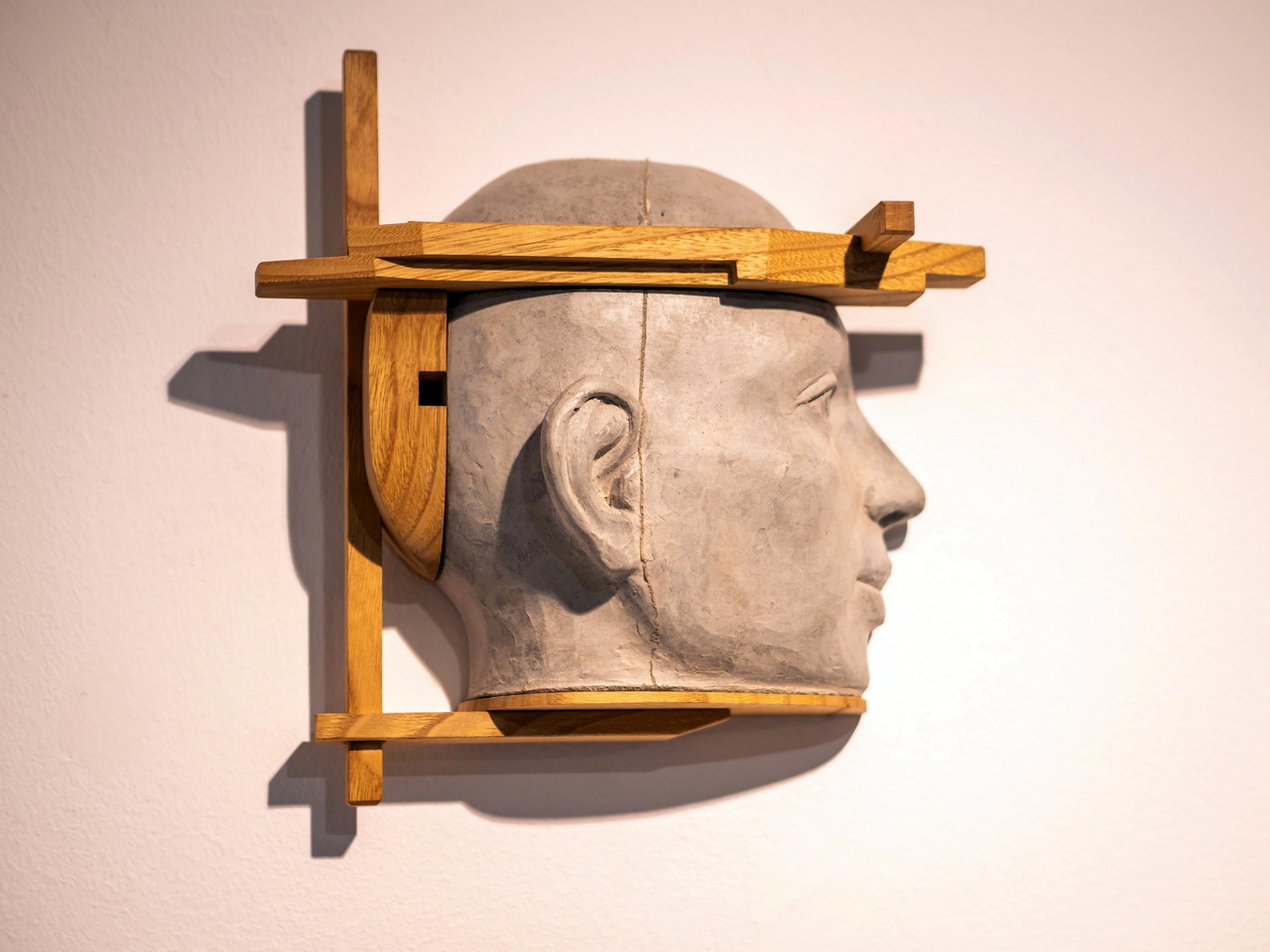Architectural Wall-Mounted Cement Head Sculpture with Wood Framework Project 13
